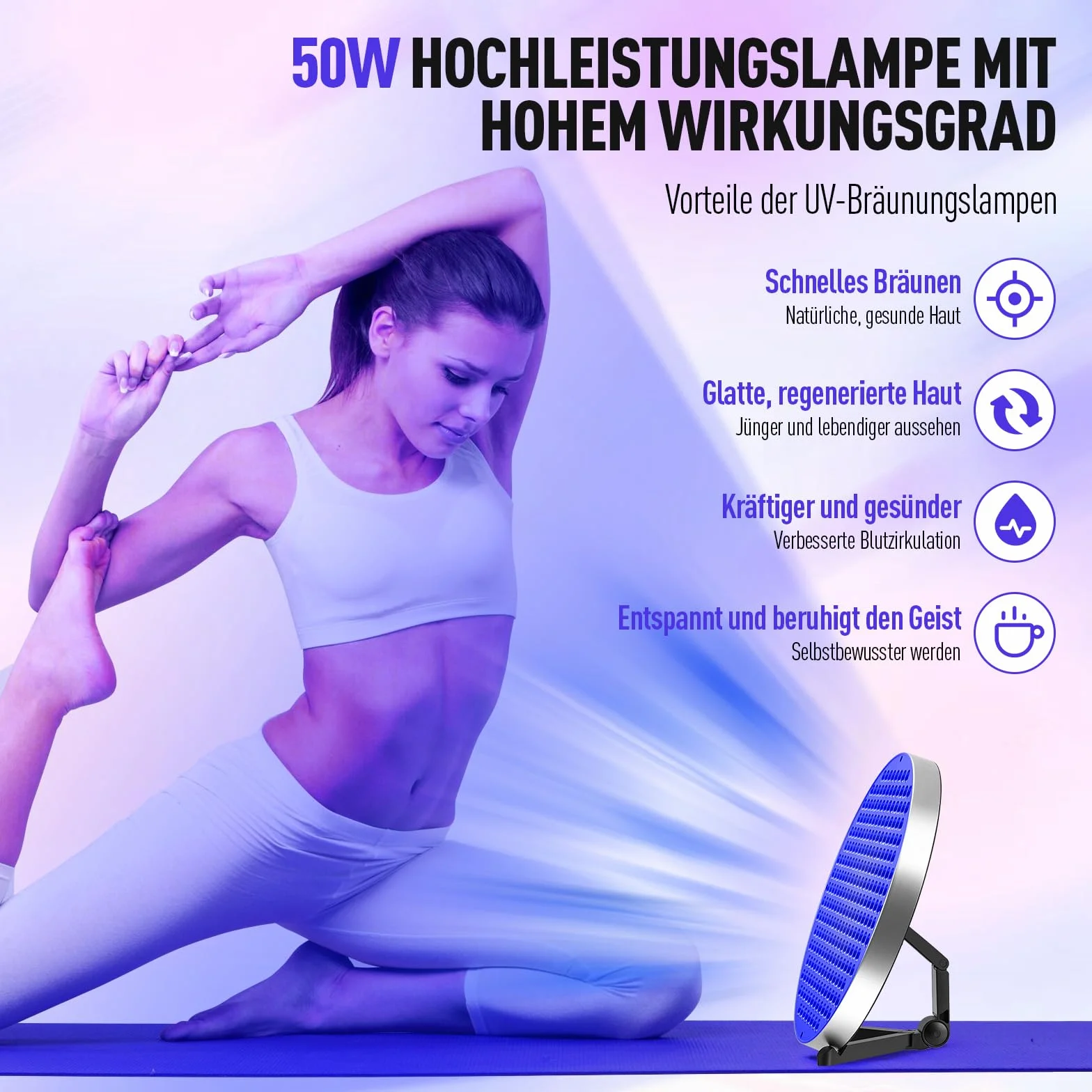 Lámpara de bronceado portátil 50 W 250 LED 460 NM con gafas de sol soporte ajustable plegable