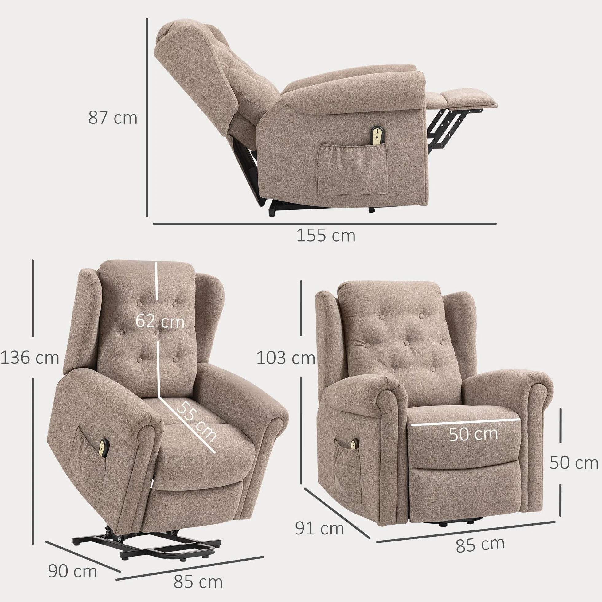HOMCOM Sillón Relax Reclinable Eléctrico Levanta Personas con Respaldo Alto Capitoné Control Remoto Marrón Claro