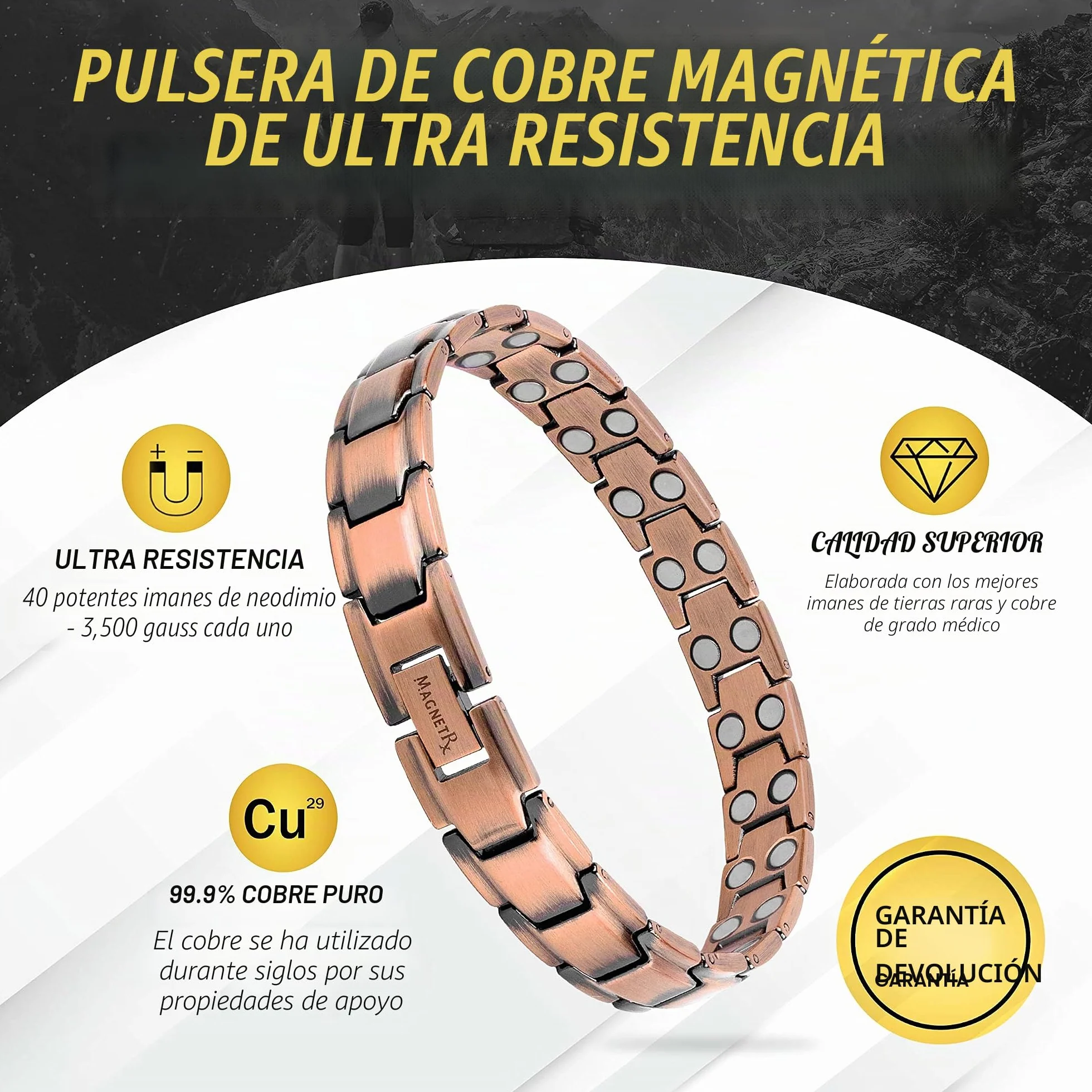 MagnetRX® Pulsera Cobre Hombre – Pulsera Magnética Hombre de Cobre Puro con Imanes para Magnetoterapia, Alivio de Artritis y Túnel Carpiano – Tamaño Ajustable con Herramienta Incluida – Modelo Leo