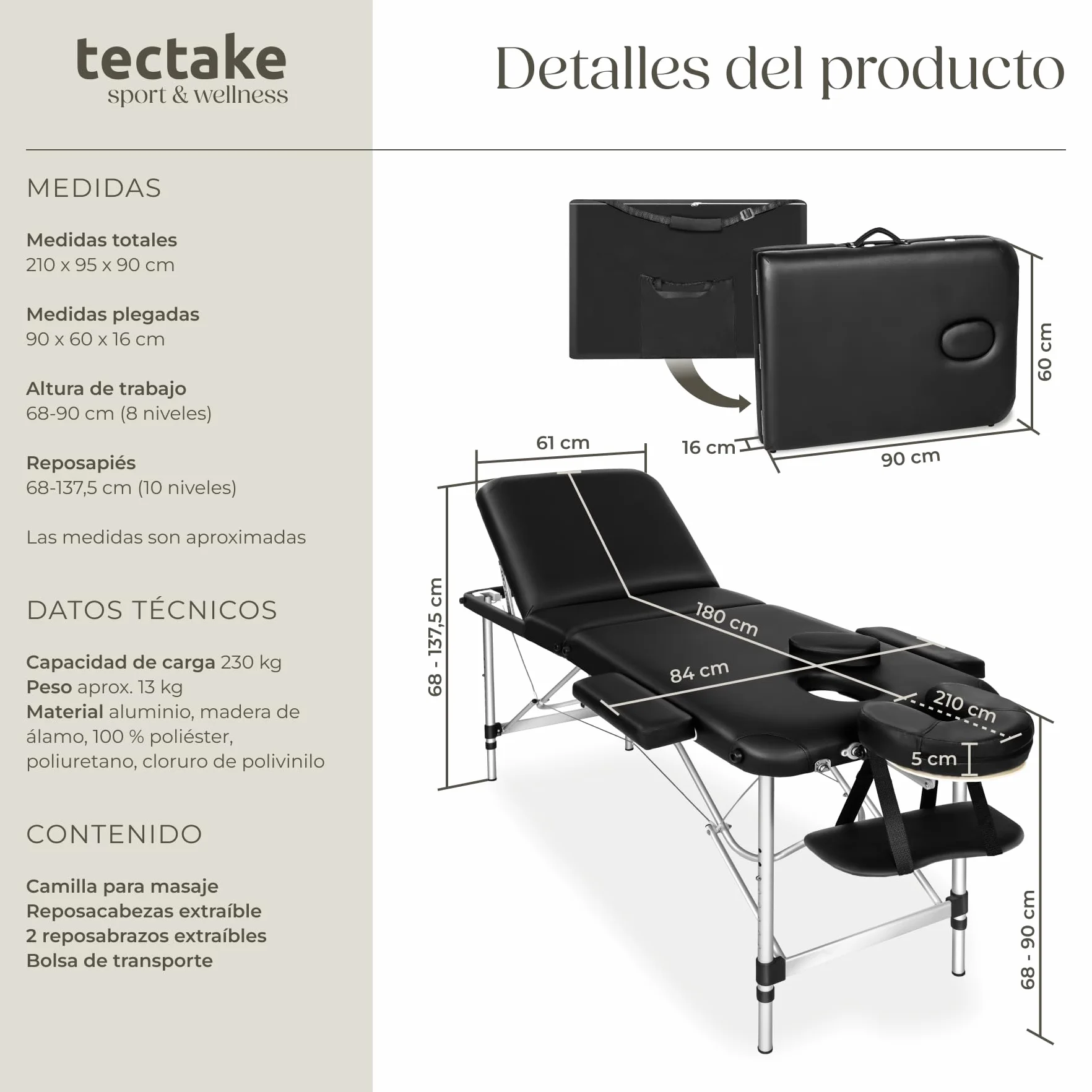 Tectake Camilla de Masaje Mesa de Masaje en Aluminio 3 Zonas Negro