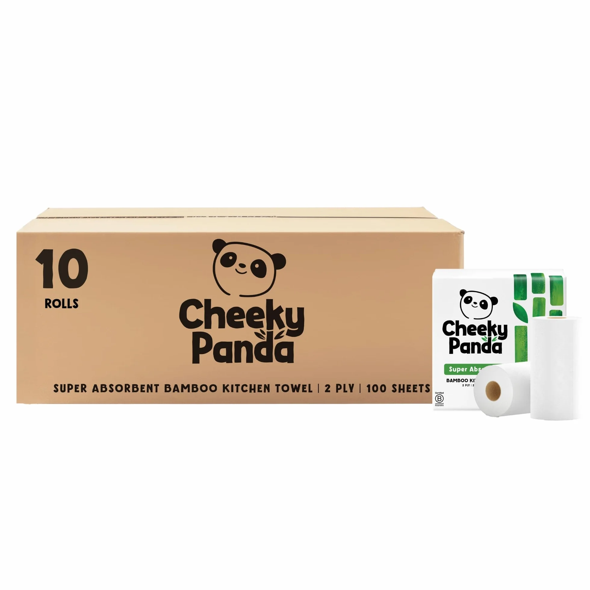 The Cheeky Panda Papel Cocina de Bambú | 10 x Rollo Cocina | 2 Capas – 100 Hojas Por Rollo | Super Absorbente y Ecológico | Sin Plásticos y Certificado FSC