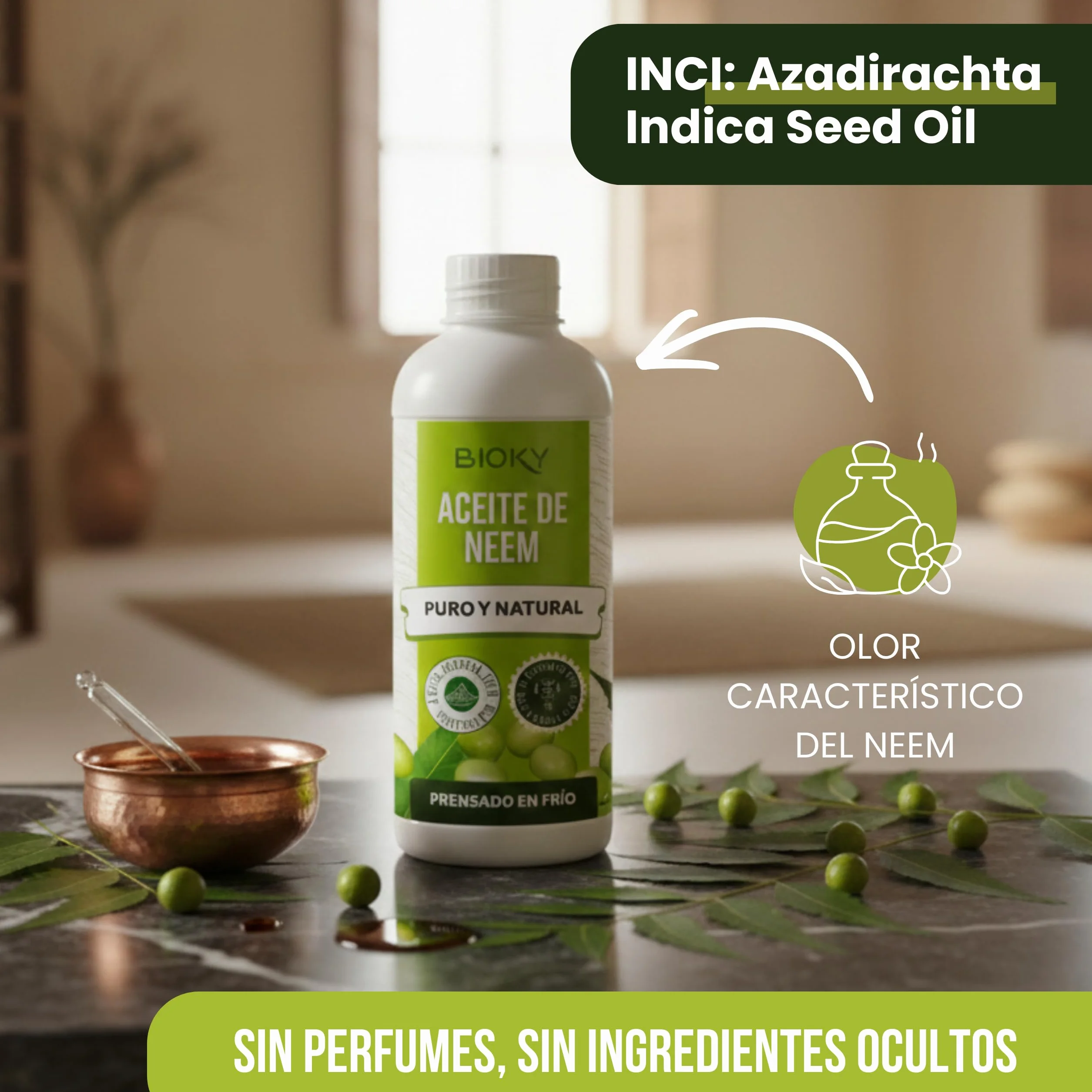 Bioky Aceite de Neem 2 Litros (Pack 1L + 1L) Puro y Natural - Extraído 1ª Presión en Frío Aceite Multiusos