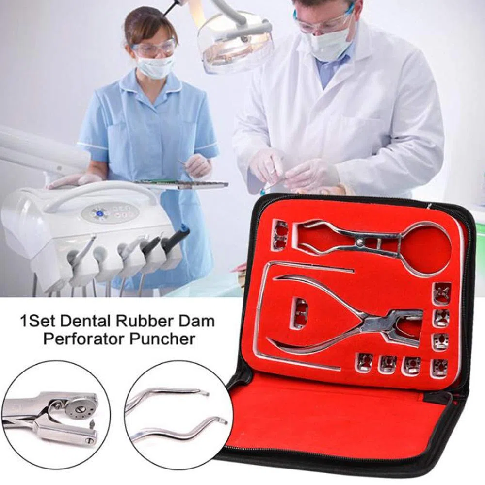 12 piezas Kit de dique de goma Perforador de goma Alicates de punzón Abrazaderas de presa Cuidado de los dientes Dental para dentista Ortodoncia.