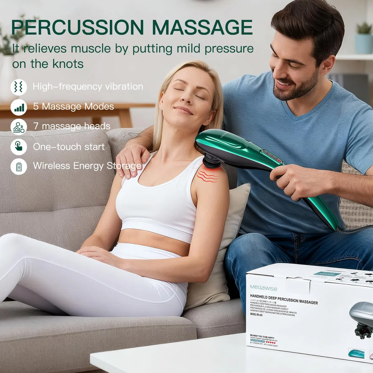 Masajeador de espalda de mano | Masaje de percusión de tejido profundo para espalda, cuello, hombros, cintura y piernas (verde oscuro)