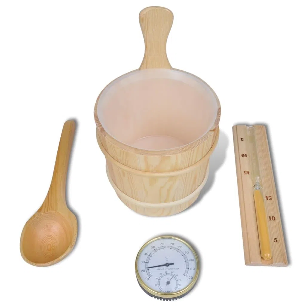 vidaXL Accesorios de Sauna 5 Pzas Cubo Inserto Cuchara Reloj Arena Higrómetro