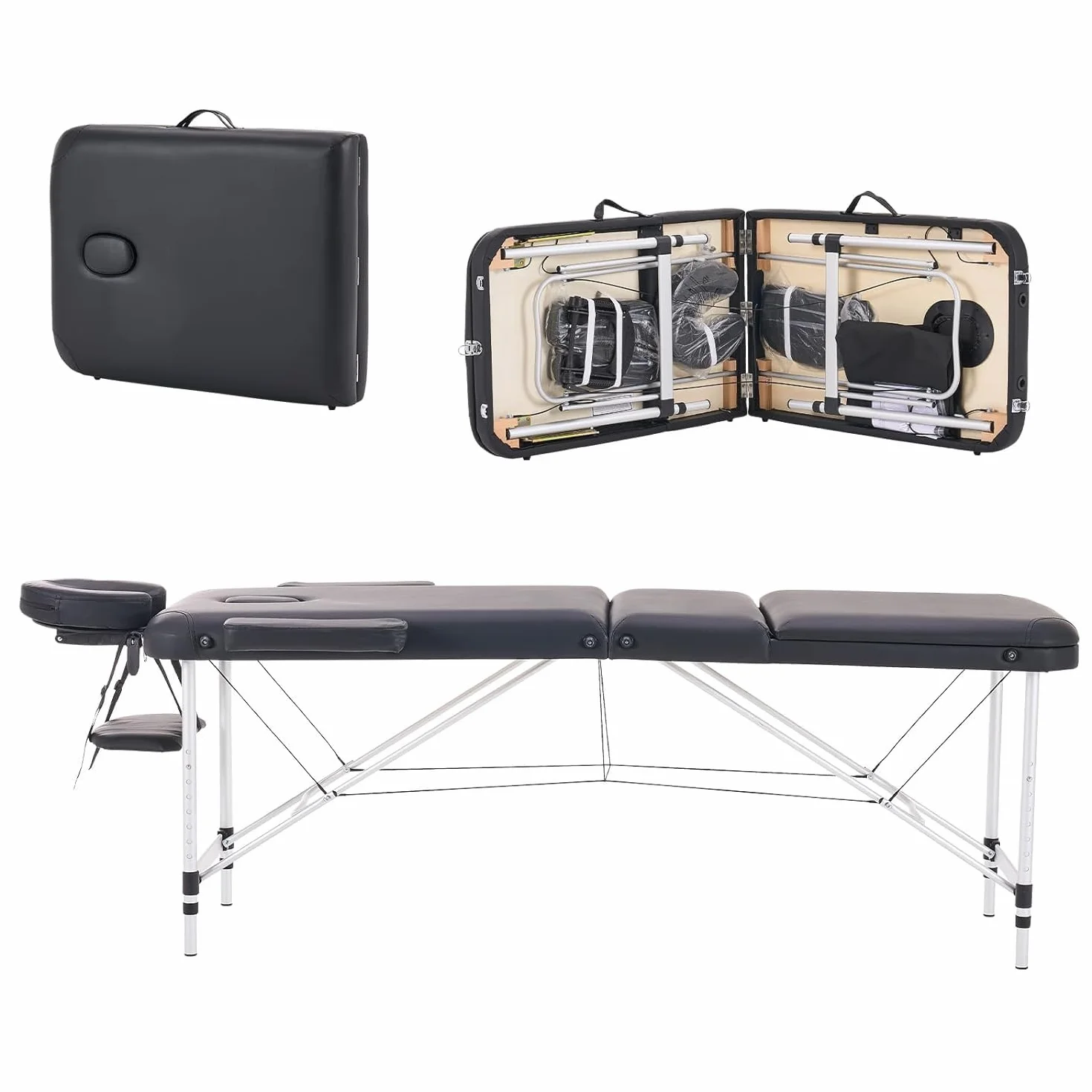 Camilla de Masaje Plegable Ajustable en Altura 3 Zonas Aluminio 186 x 60 cm Negro