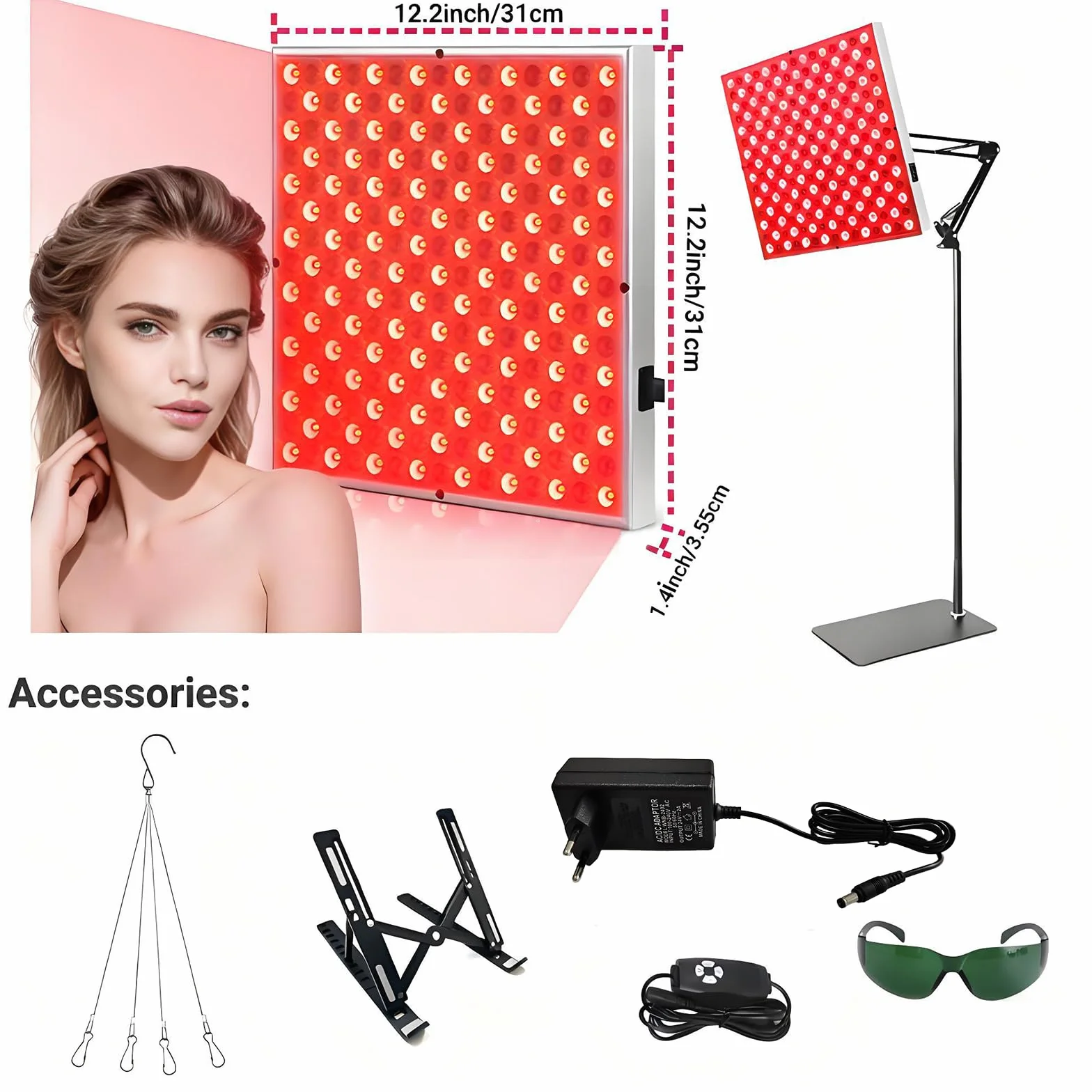 Lámpara de luz roja para cobertura corporal completa con panel infrarrojo, 225 LED de 660 nm y 850 nm, 31 x 31 cm, 5 niveles de brillo y 6 temporizadores, con modo de pulso de 10 Hz (Plata)
