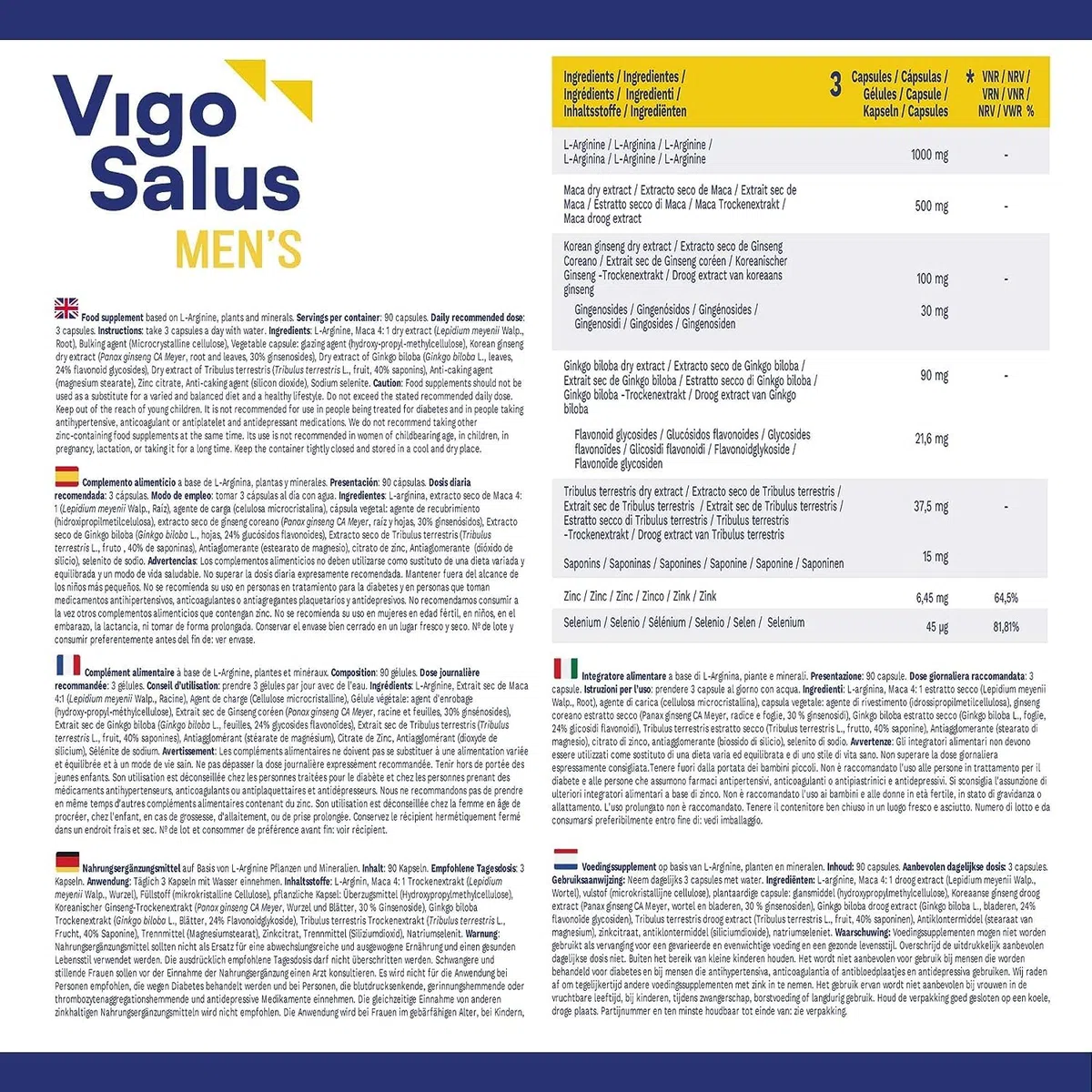 VIGOSALUS para Hombres - Dosis Alta - Más Fuerza + Duración - Maca, Tribulus Terrestris, Ginseng, L-Arginina y Ginkgo Biloba, 90 Cápsulas