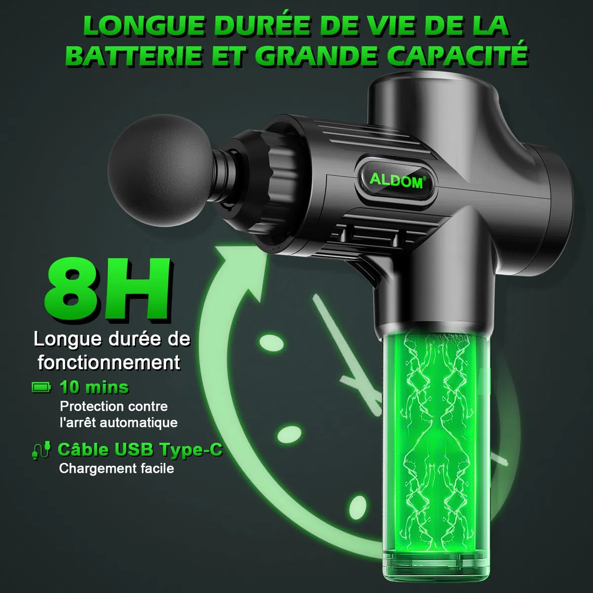 ALDOM Pistola de Masaje Muscular, Massage Gun Masajeadora Músculos Profesional y Carga Tipo C, 30 Niveles Ajustables, Silenciosos, 8 Cabezales Masajeador