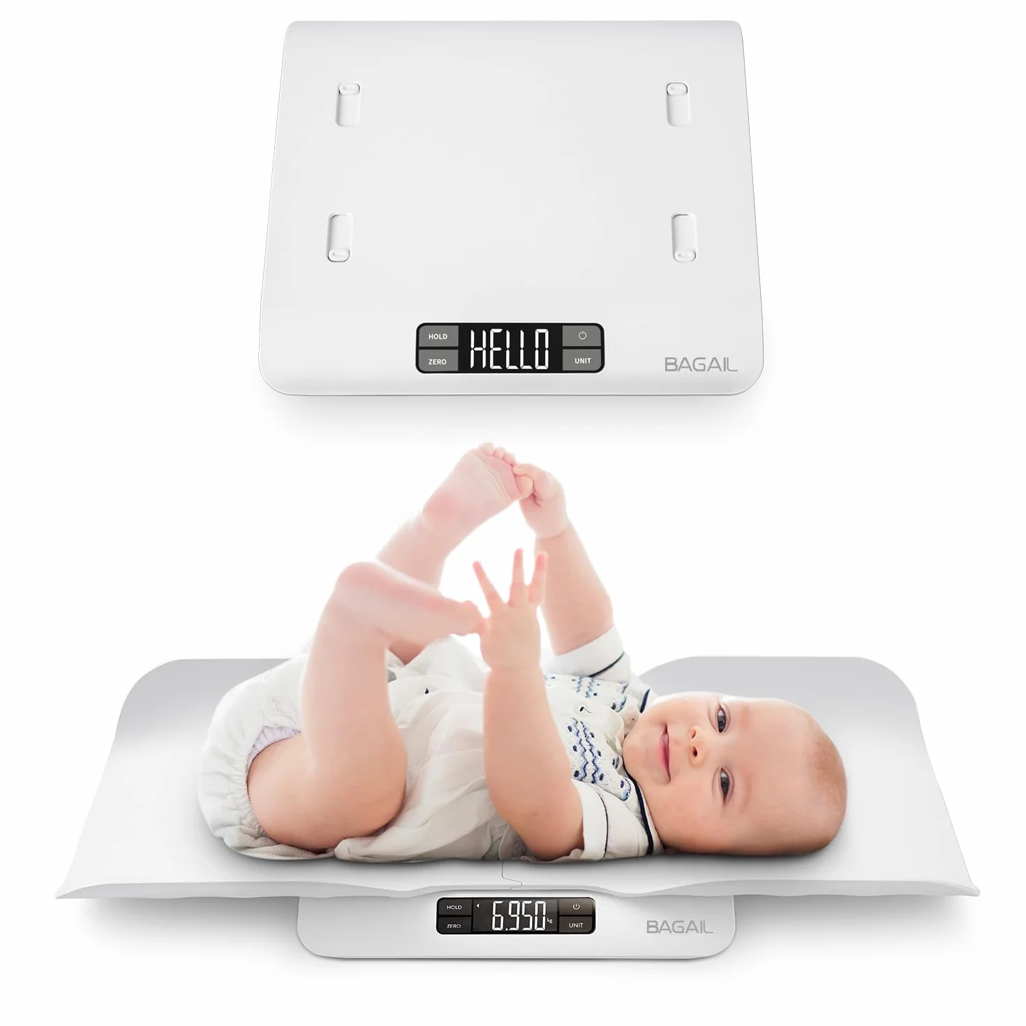 BAGAIL Báscula digital para bebés con bandeja, pantalla LCD grande, tara y retención, multiusos para niños, mascotas o adultos