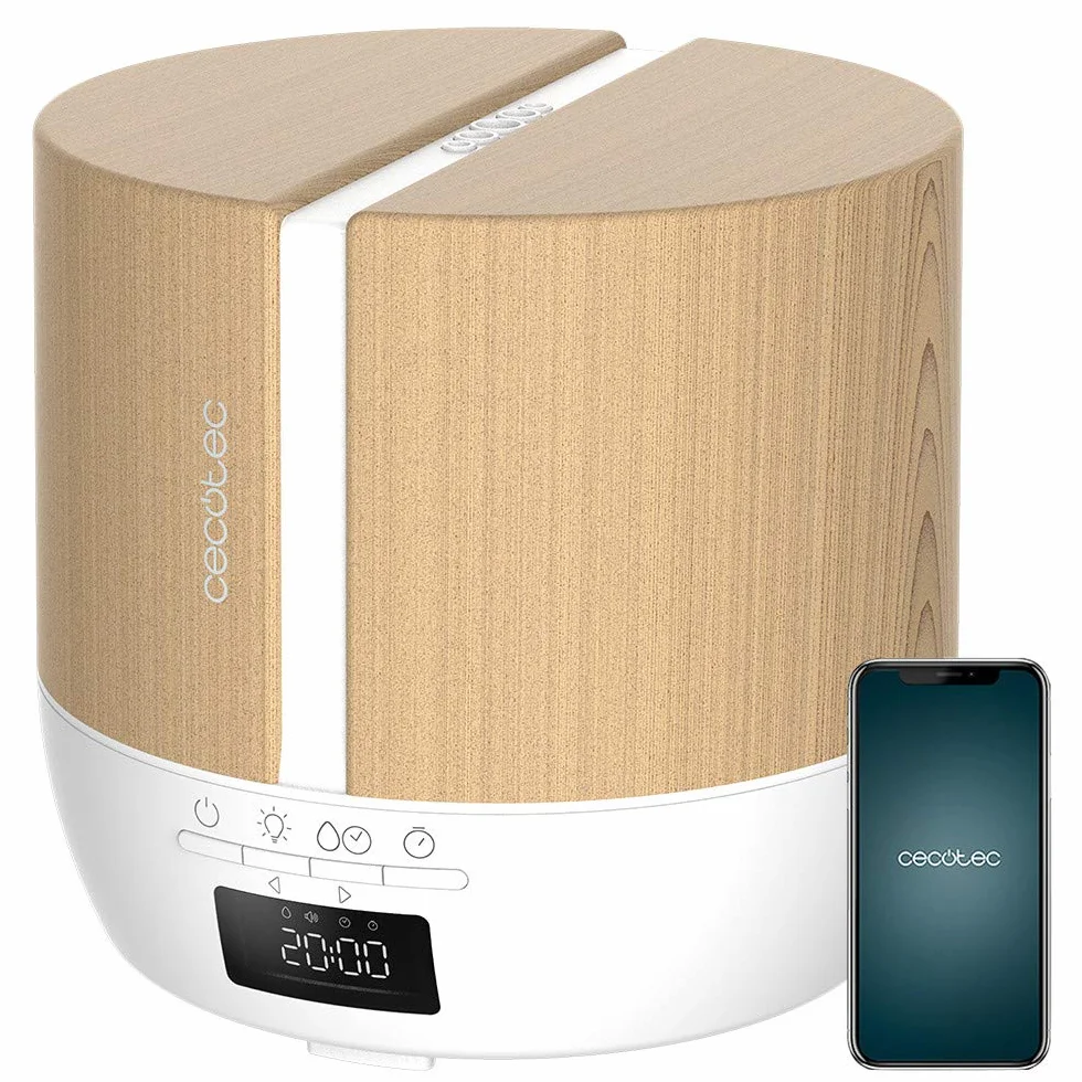 Cecotec Difusor de aromas PureAroma 550 Connected White Woody. Capacidad 500ml, Pantalla LED, Altavoz, Control por bluetooth, App, Temporizador 12h, 3 Modos de funcionamiento, Cobertura 30m2