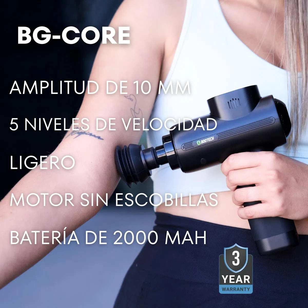 BOOTECH Pistola de Masaje Muscular, Masajeador Profesional de Tejido Profundo con 10 mm de Amplitud, Massage Gun Silencioso con 5 Cabezales& 5 Velocidades para Recuperación Deportiva, Alivio Dolor