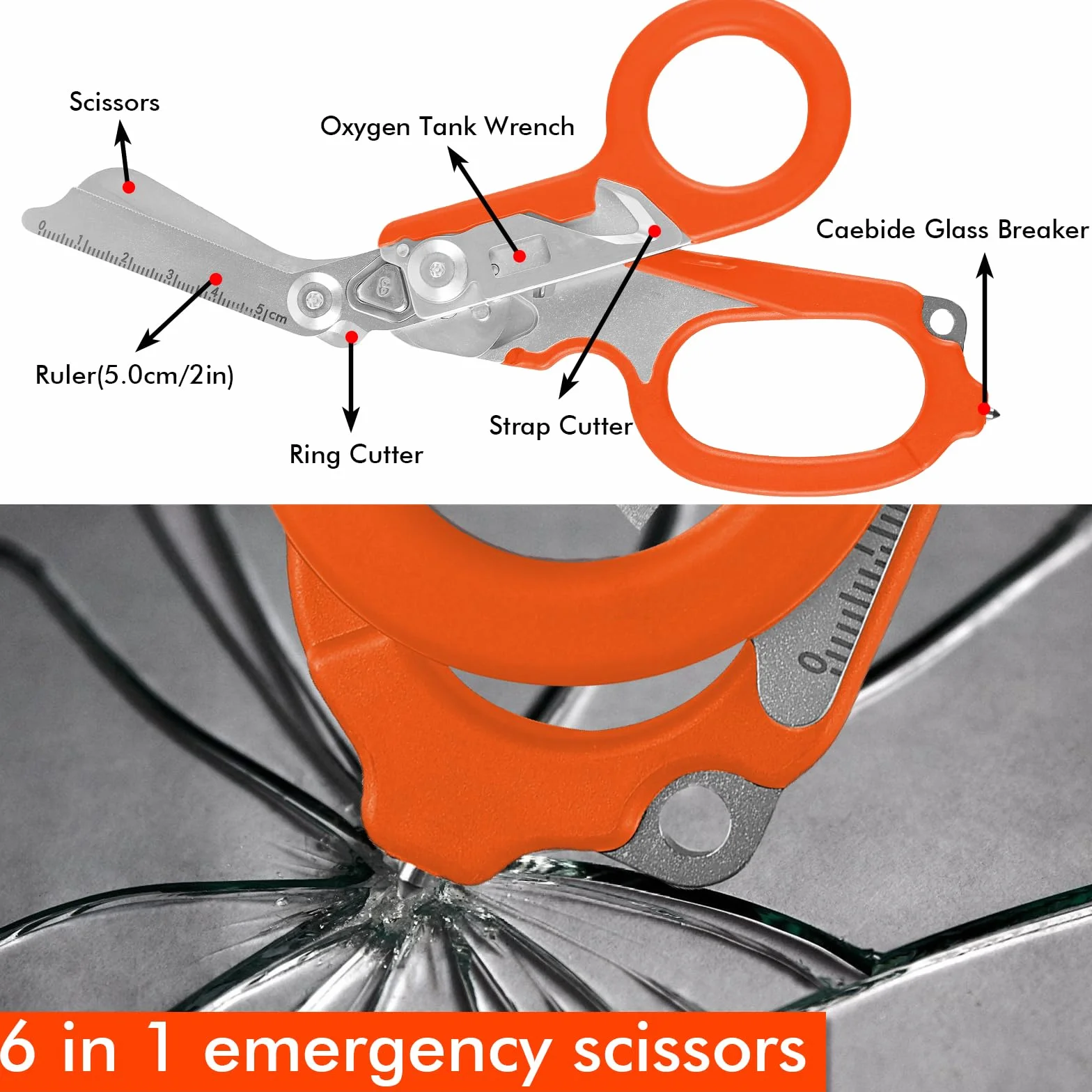 Tijeras de emergencia 6en1: Tijeras de Emergencias, Alicates Tácticos Plegables, Tijeras Multiherramienta, Alicates Multifunción para Tijeras de Cocina (naranja)