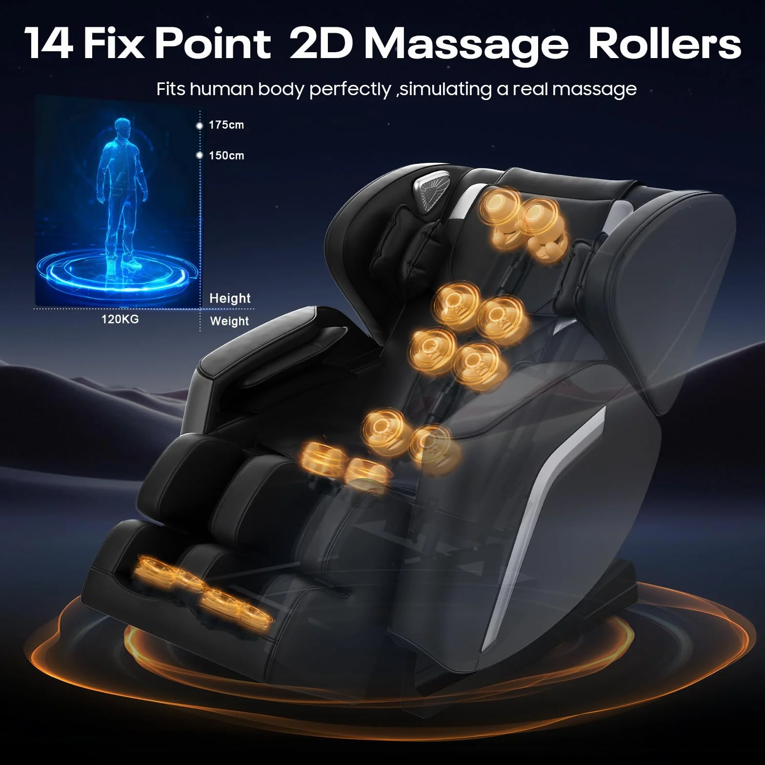 Sillón de Masaje con Calor, 14 Rodillos, 9 Bolsas de Aire, Masaje de Pies, Bluetooth, Control por Teléfono, Panel Táctil, Reclinable Gravedad Cero