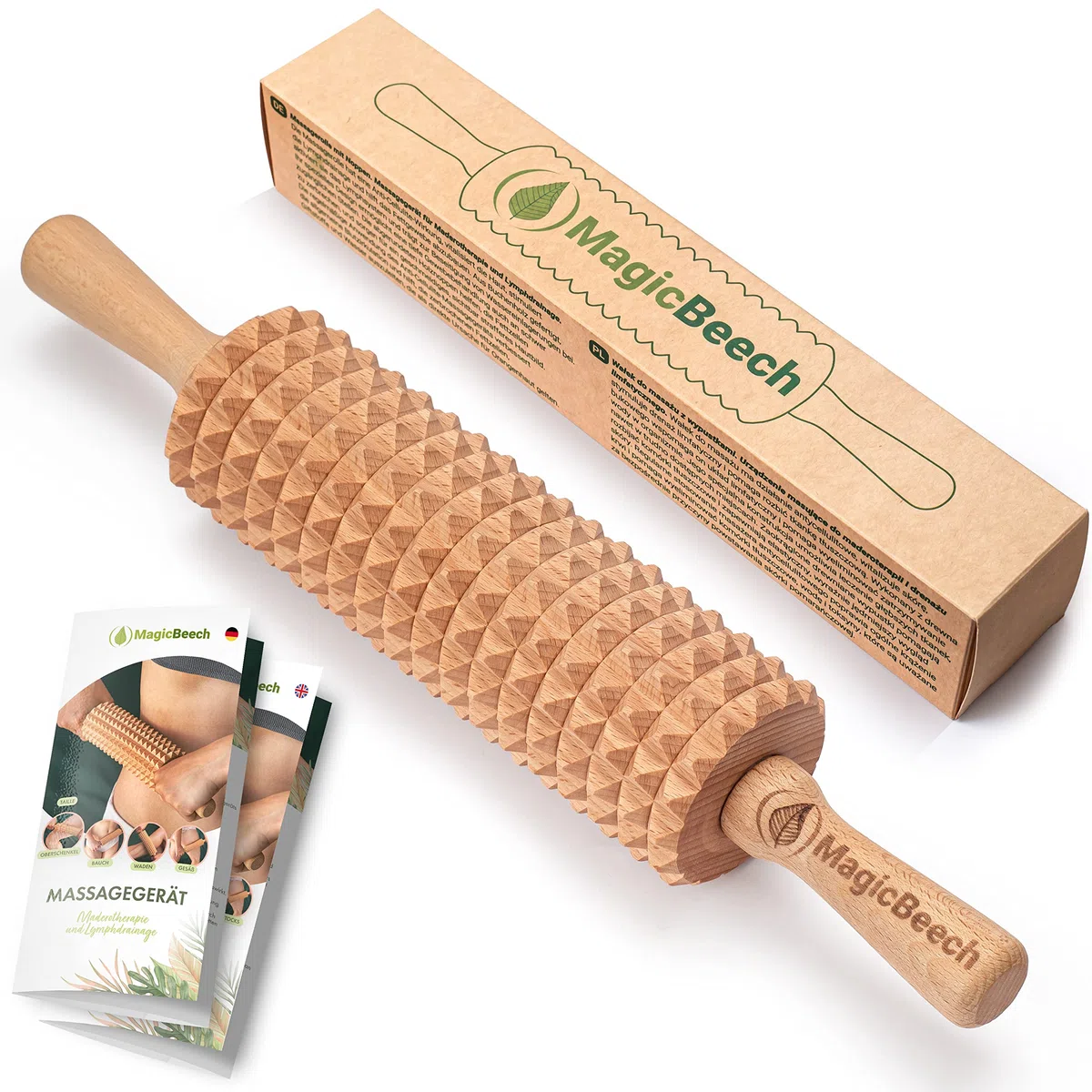 Rodillo de masaje MagicBeech 100% madera de haya - Rodillo de masaje de madera con mango masajeador contra la celulitis para maderoterapia drenaje linfático masaje corporal