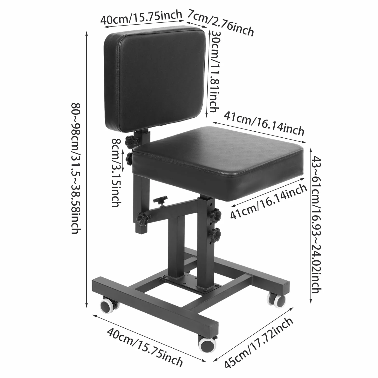 Silla de tatuaje multifunción ajustable con reposabrazos y ruedas, negra