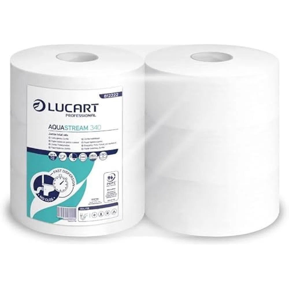 Lucart Professional, AquaStream 340, Papel Higiénico Jumbo de Celulosa Pura, Ideal para Oficinas y Baños Públicos, 1300 hojas, 9.1x26 cm, Paquete de 6 rollos