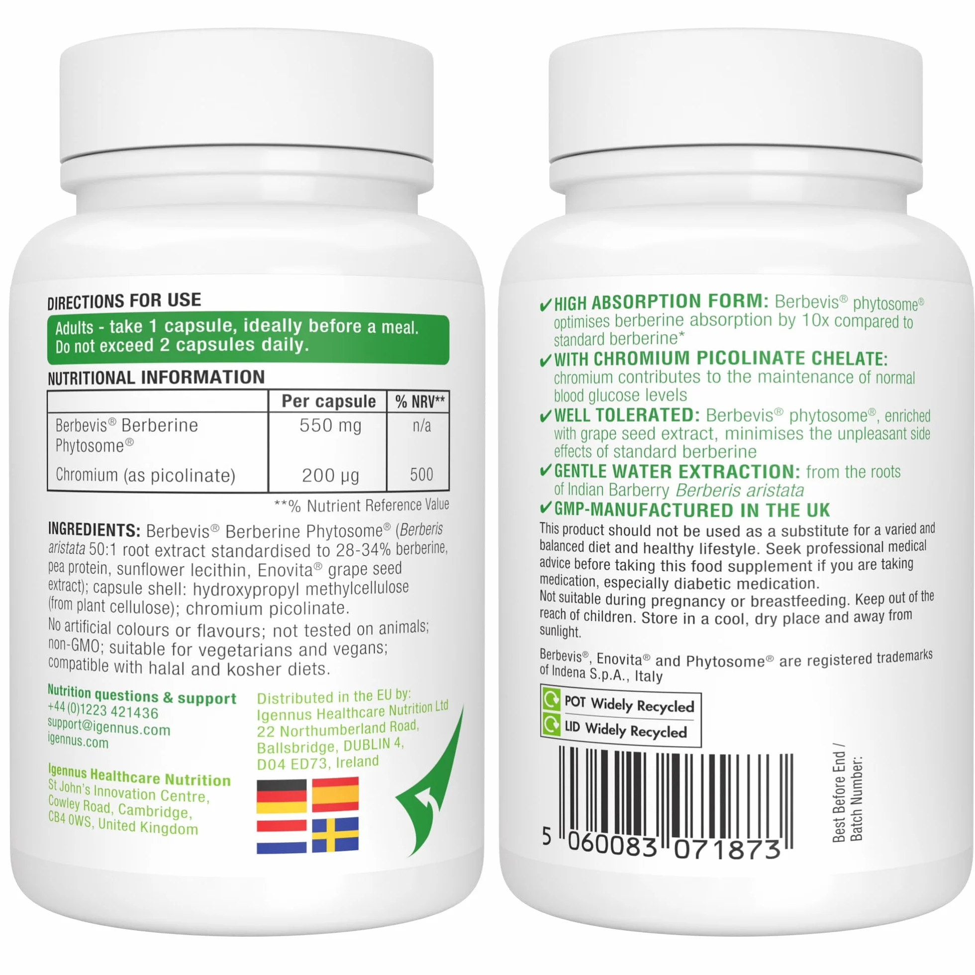 Igennus Berberina 550 mg Fitosomada con Picolinato de Cromo, 60 Cápsulas Veganas