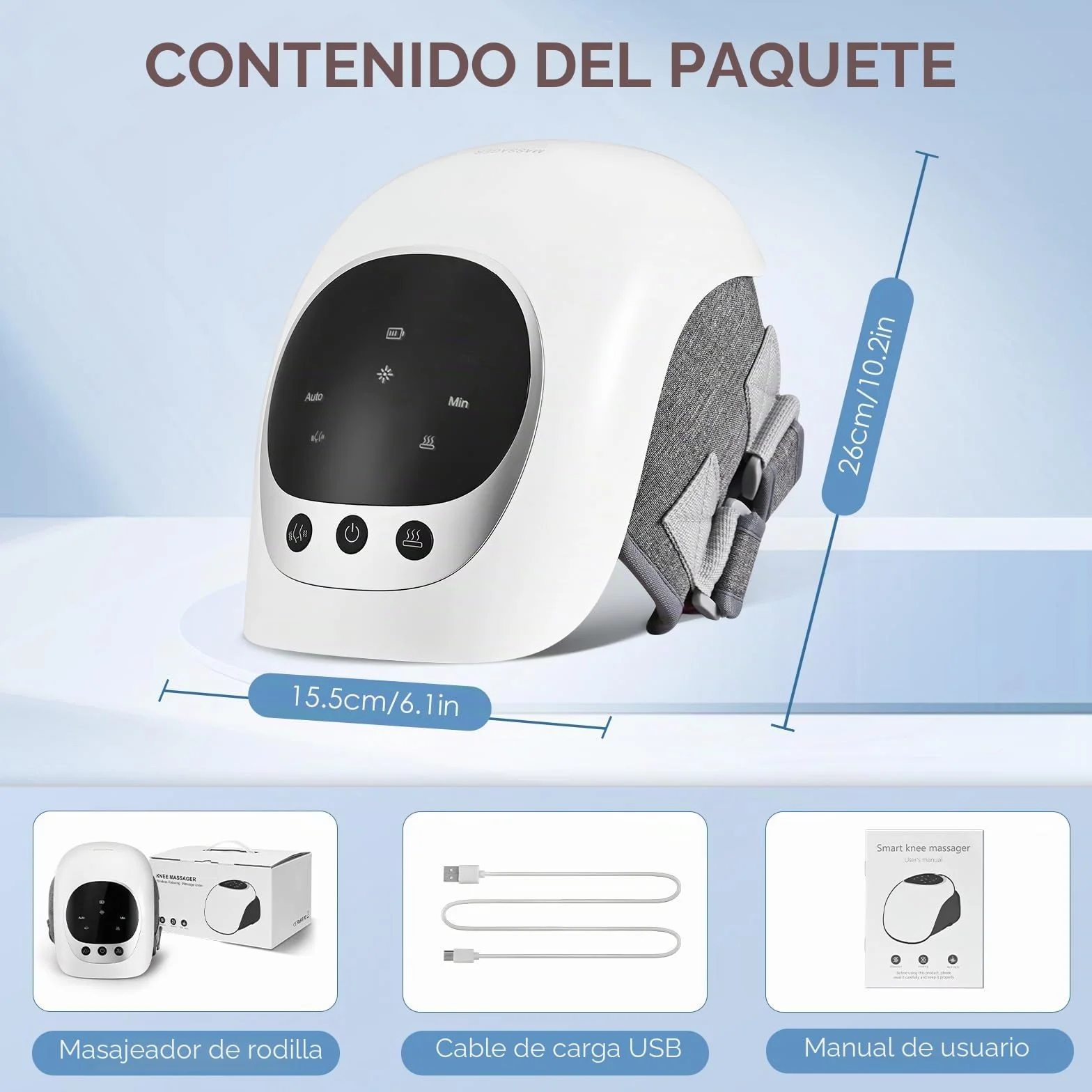 Masajeador de Rodillas Inalámbrico con Calor Rojo, Banda Ajustable 40 cm, USB Tipo-C