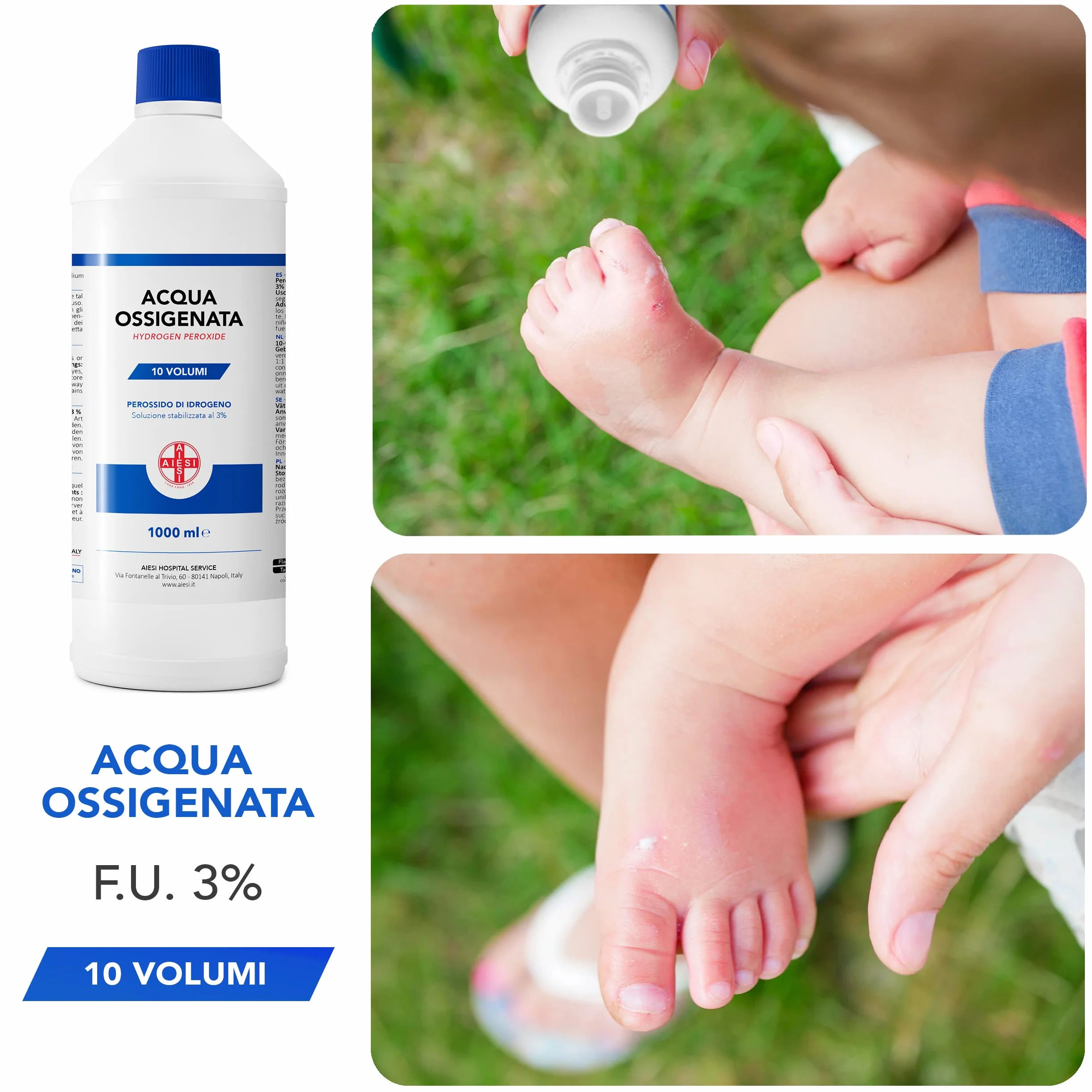 AIESI® Agua Oxigenada Ph.Eur. desinfectante (12x1000 ml) con tapa de seguridad para niños, Made in Italy