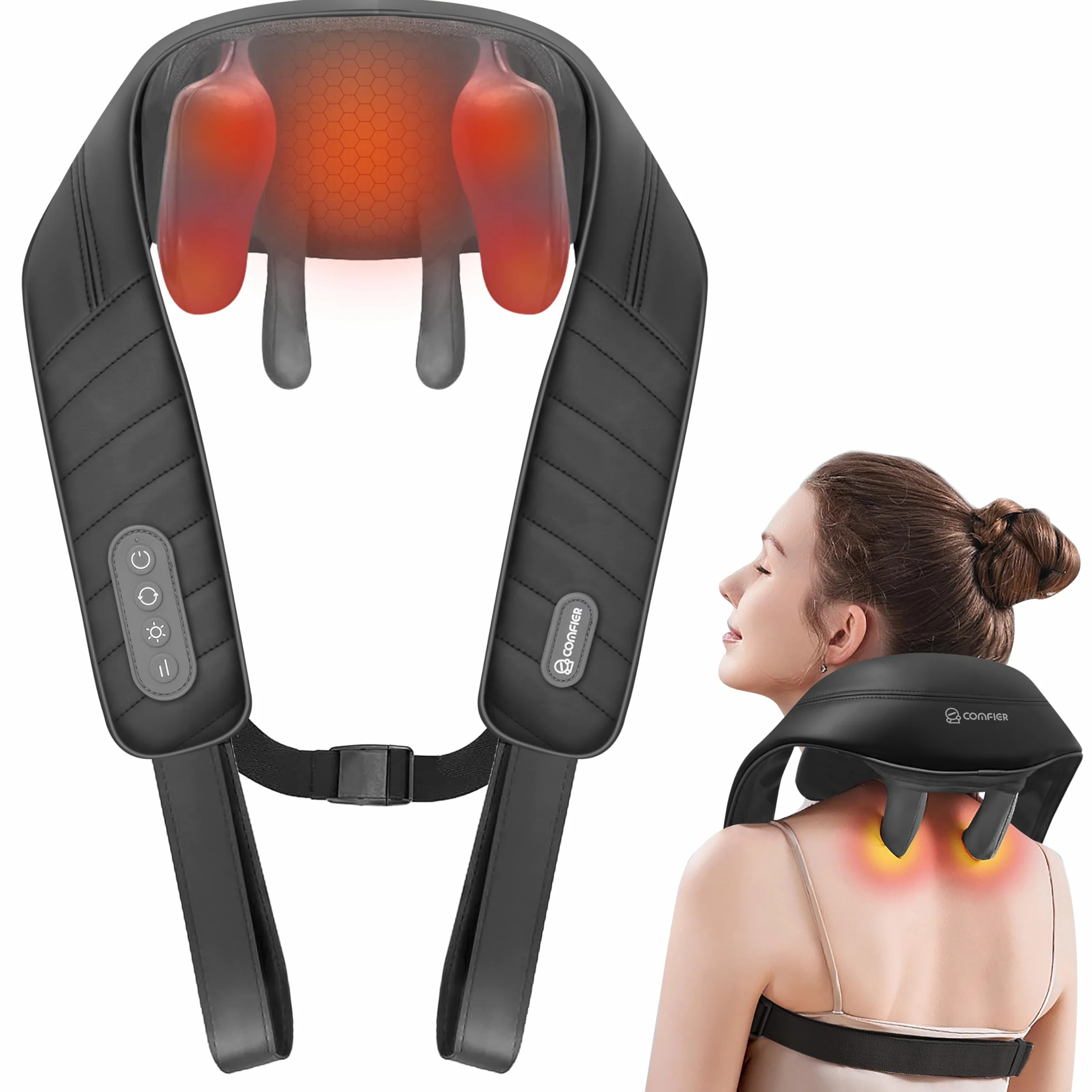 COMFIER Masajeador de cuello 6D, inalámbrico de hombros y cuello con 2 niveles de calor, funda lavable, masaje de amasado profundo, regalos para mamá y papá