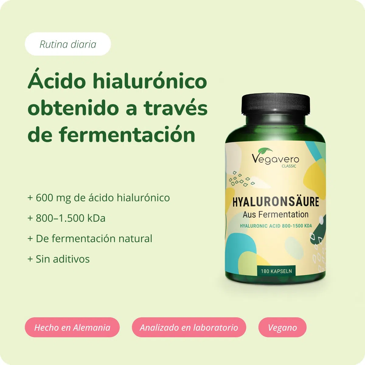 Ácido Hialurónico Puro Vegavero | La Dosis más Alta: 600 mg | Libre de Aditivos & Vegano | 180 Cápsulas | Natural de Fermentación | 800-1500 kDa | Hidratante facial + Articulaciones…
