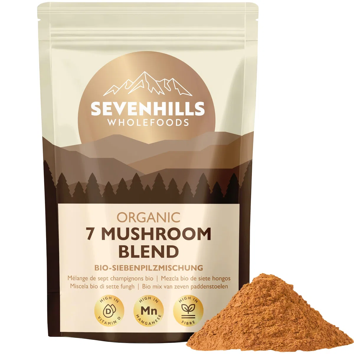 Sevenhills Wholefoods Mezcla de Siete Setas Orgánico En Polvo (Reishi, Chaga, Shiitake, Maitake, Melena De León, Cordyceps, Tremella) 500g
