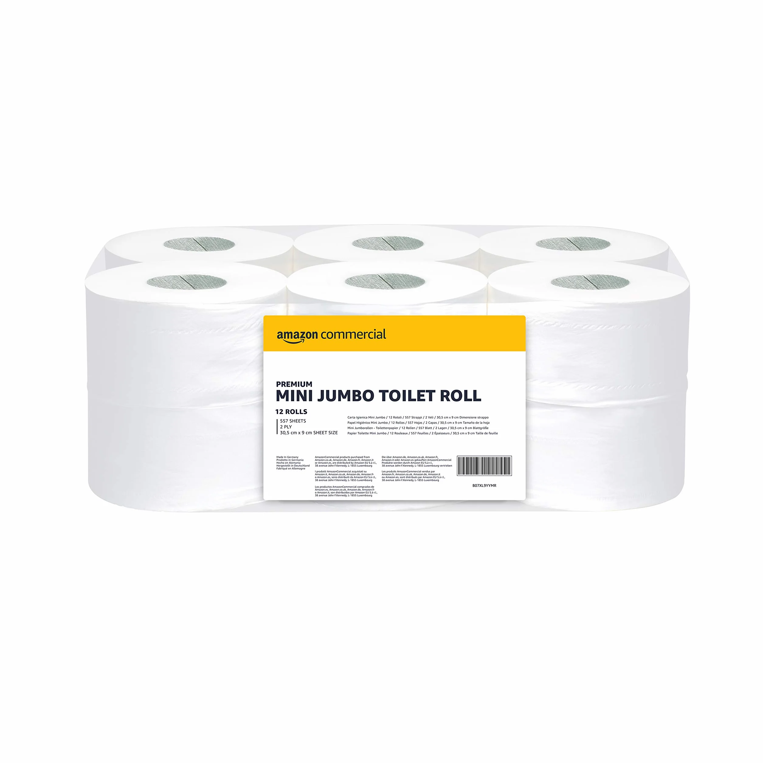 AmazonCommercial Papel Higiénico Mini Jumbo 2 Capas 12 Rollos 557 Hojas 30.5x9cm