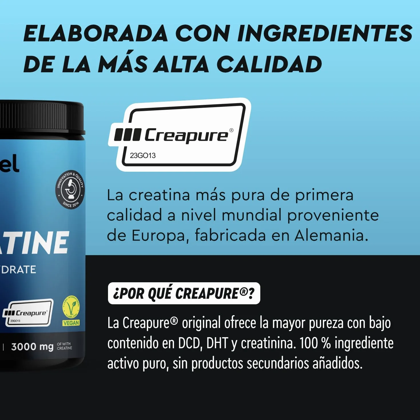Creatina Monohidratada 500 g Creapure® Polvo Micronizado 99,99% puro 147 porciones 3409mg por día Alemania Sin aditivos
