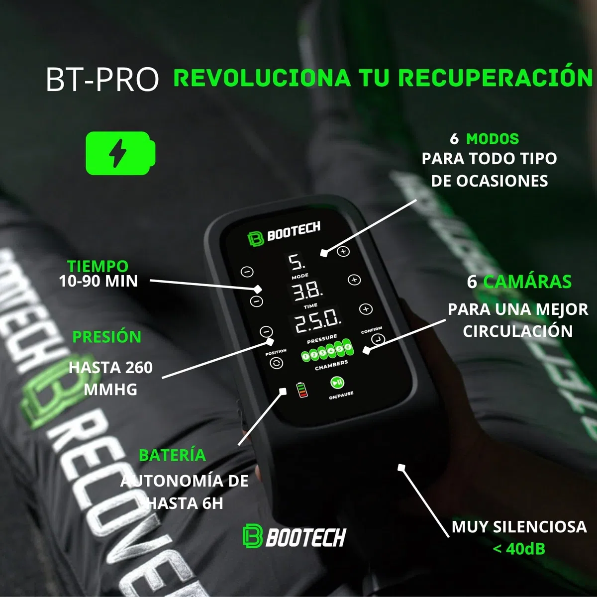BOOTECH Pantalon de Presoterapia para Casa, Recargable Masajeador de Piernas Cansados con 6 Camaras, Mejora la Circulación, Recuperación Muscular Drenaje Linfático Celulits