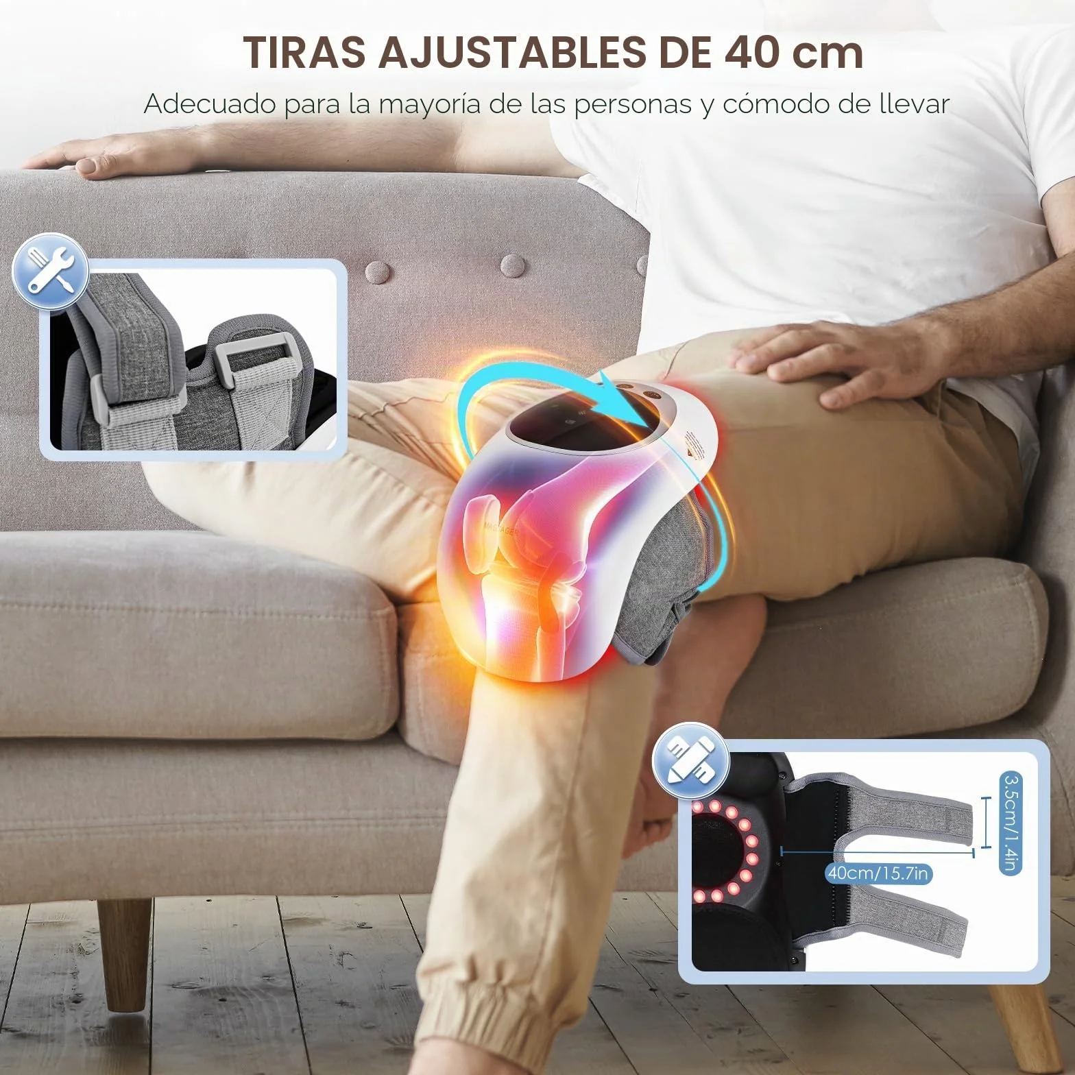 Masajeador de Rodillas Inalámbrico con Calor Rojo, Banda Ajustable 40 cm, USB Tipo-C
