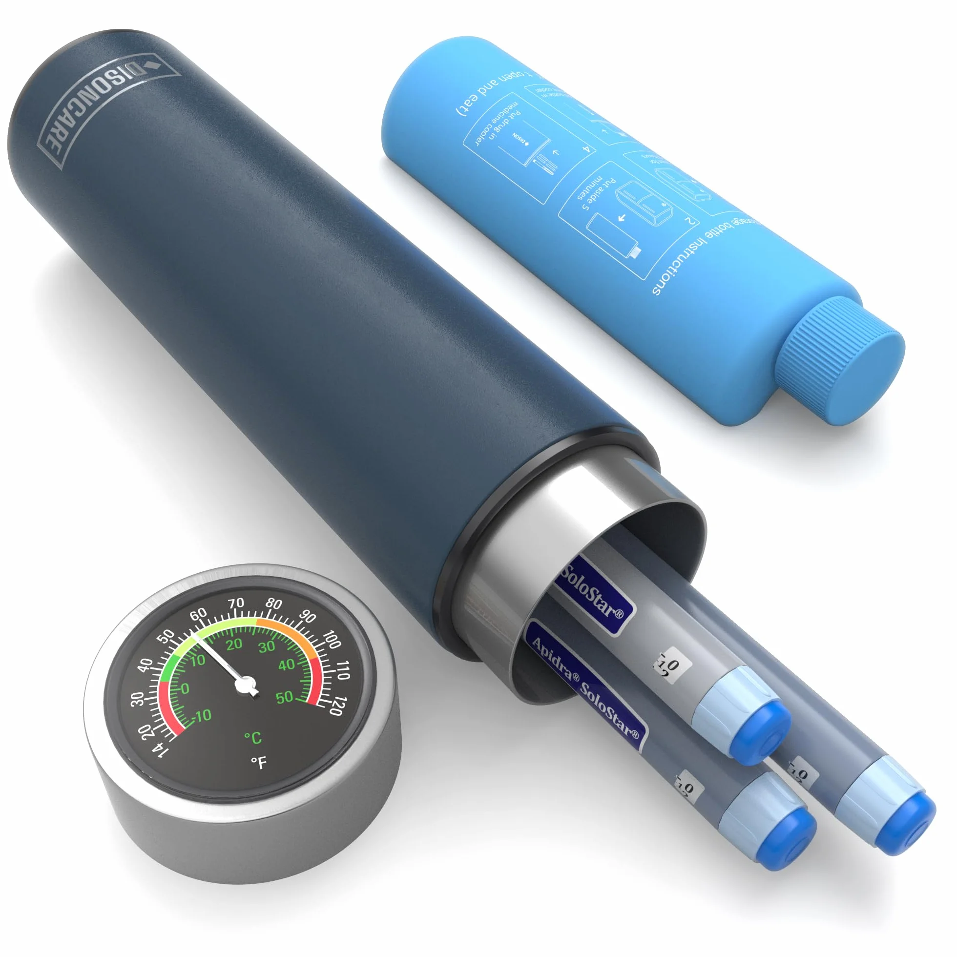 DISONCARE nevera medicamentos portatil,nevera insulina viaje de Indicador de temperatura mecánico,TSA estuche insulina,Contiene 3 plumas de inyección,2-8 °C,Viajes para diabéticos(Azul oscuro)