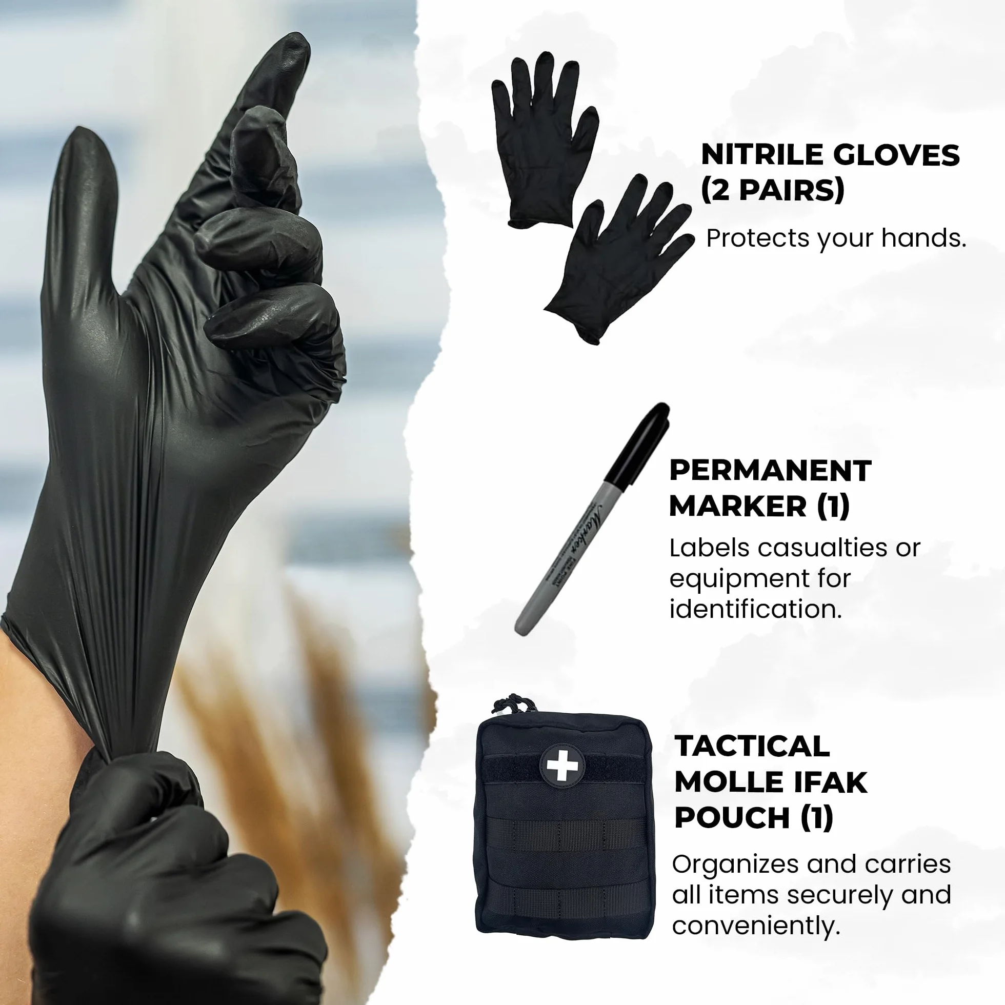 IFAK Kit Individual de Primeros Auxilios Kit de Trauma con Torniquete CAT Bolsa Médica Táctica para Control de Sangrado Negro