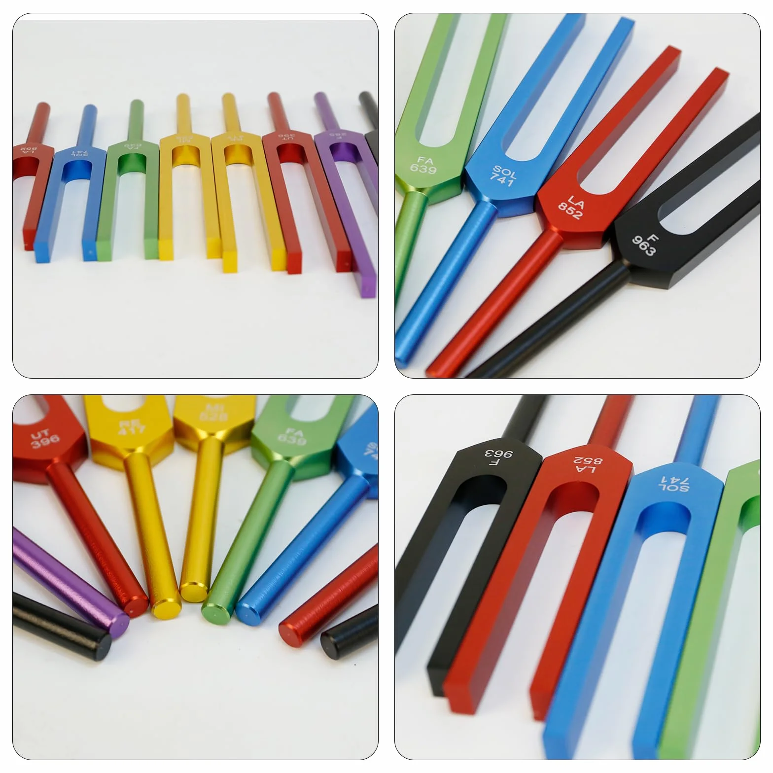 Diapasón Solfeggio, Set de 9 Diapasones de Colores en Aleación de Aluminio con 2 Martillos de Silicona, para Yoga y Relajación (174 Hz, 285 Hz, 396 Hz, 417 Hz, 528 Hz, 639 Hz, 741 Hz, 852 Hz, 963 Hz)