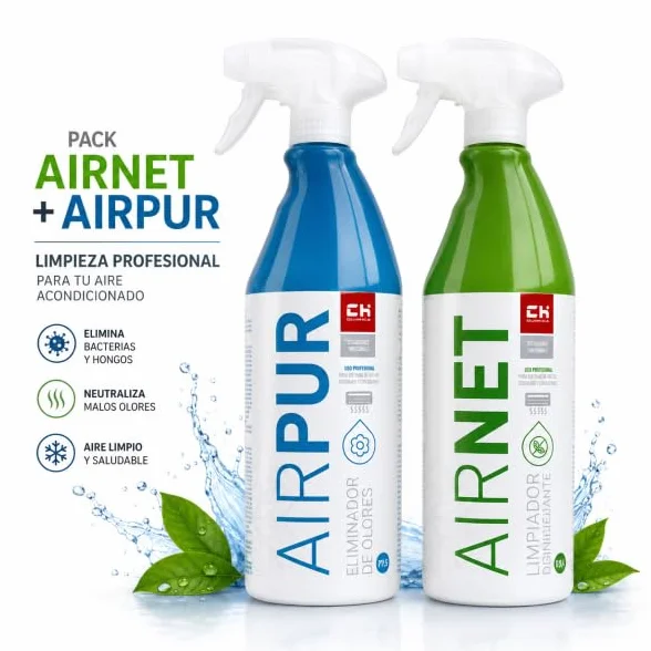 Bilake Pack AIRNET + AIRPUR Limpiador de Aire Acondicionado Spray 750ml Elimina Bacterias Hongos Malos Olores