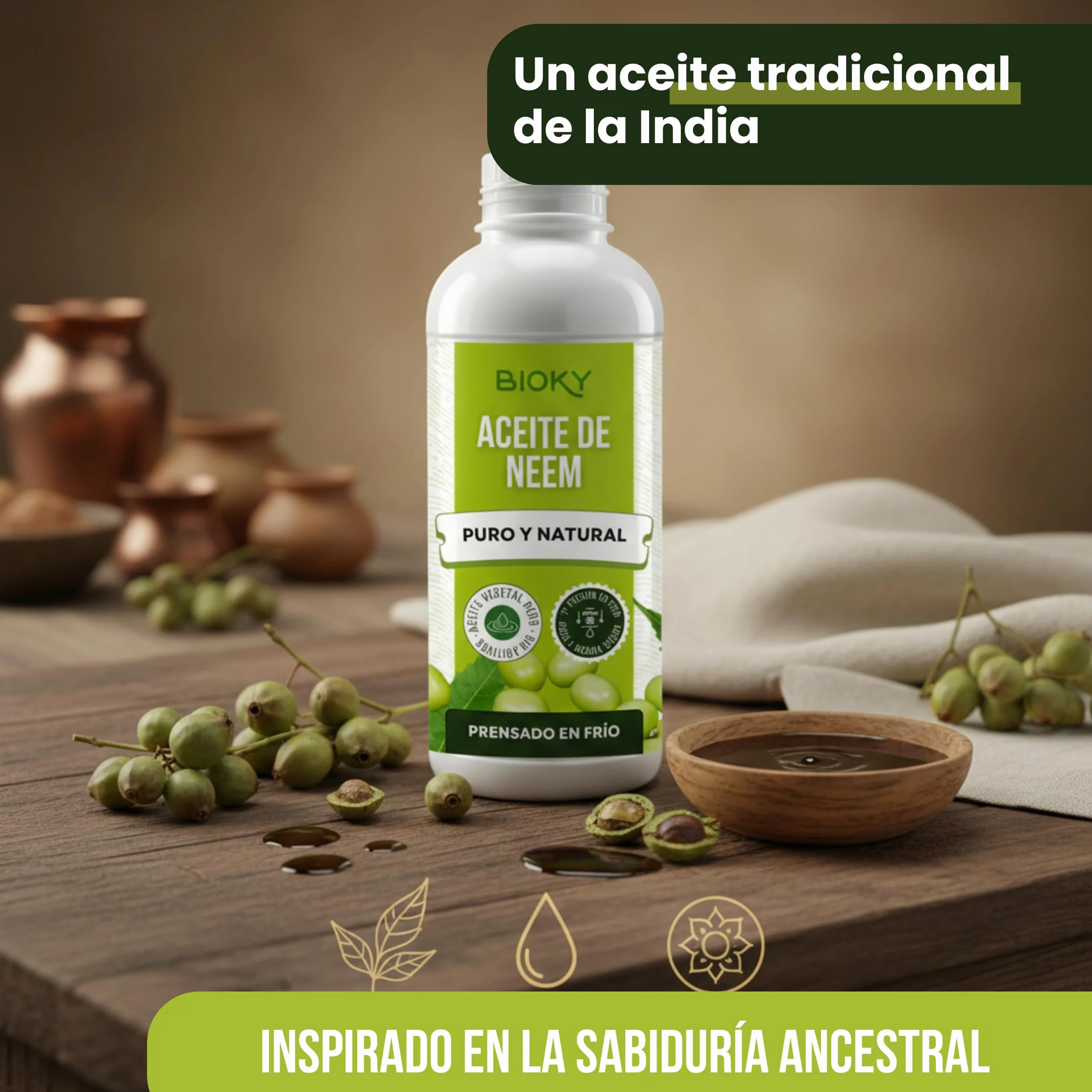 Bioky Aceite de Neem 2 Litros (Pack 1L + 1L) Puro y Natural - Extraído 1ª Presión en Frío Aceite Multiusos