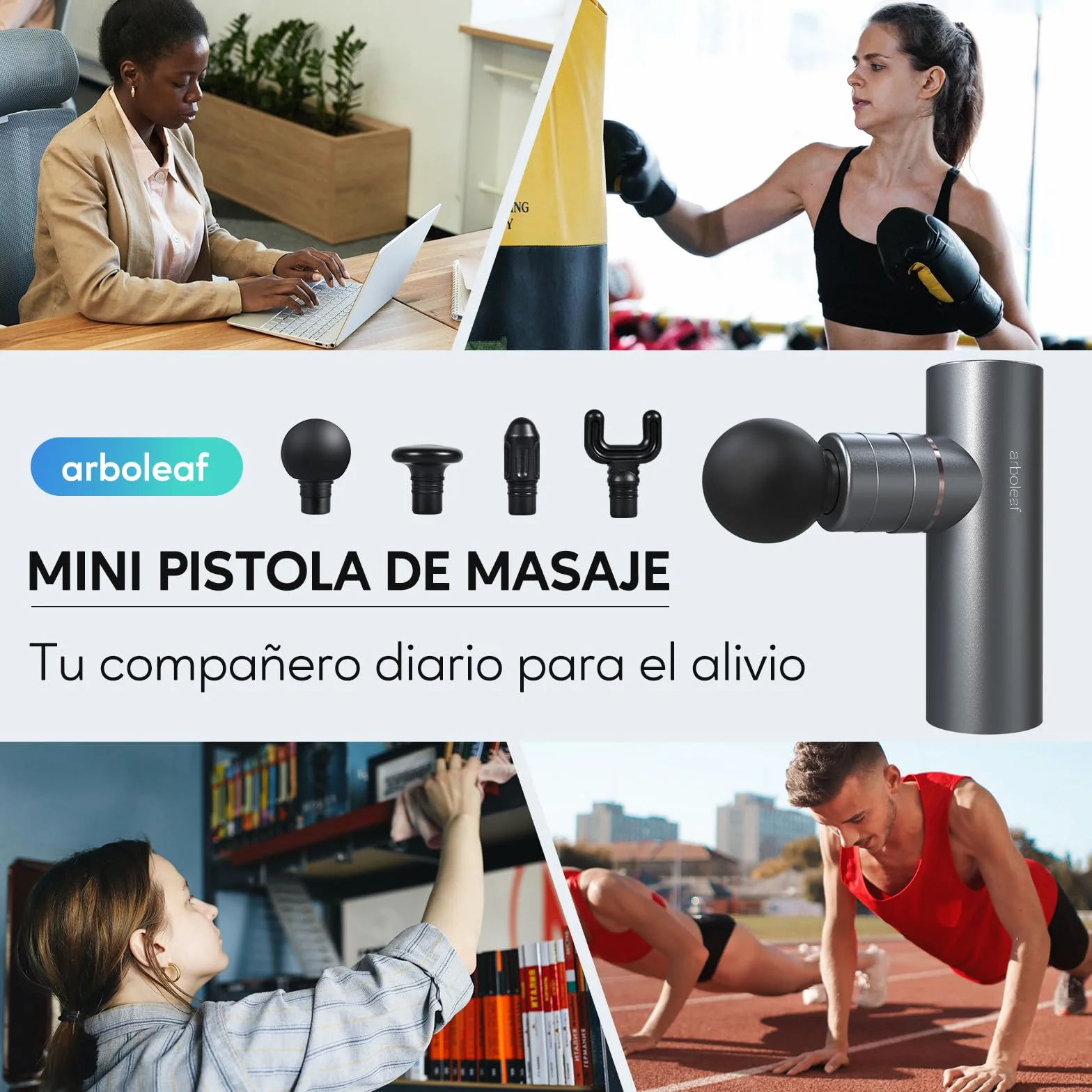 Arboleaf Pistola de Masaje Muscular Mini, Eléctrica 5 Velocidades 4 Cabezales Silicona, 0.47kg 3200rpm Bajo Ruido, 2000mAh Tipo-C Carga Gris
