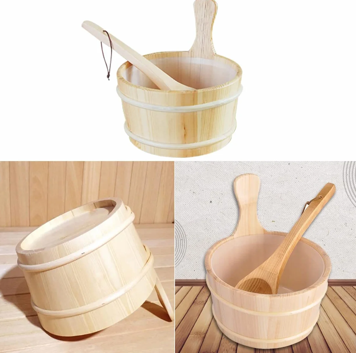 Cubo Sauna, 4 L Juego Completo Sauna Cubo Sauna con Cucharón Madera Pino Finlandés Accesorios Sauna Cubo Sauna Cubo Infusión (Cubo Sauna + Cucharón + Termómetro Higrómetro + Reloj Arena)