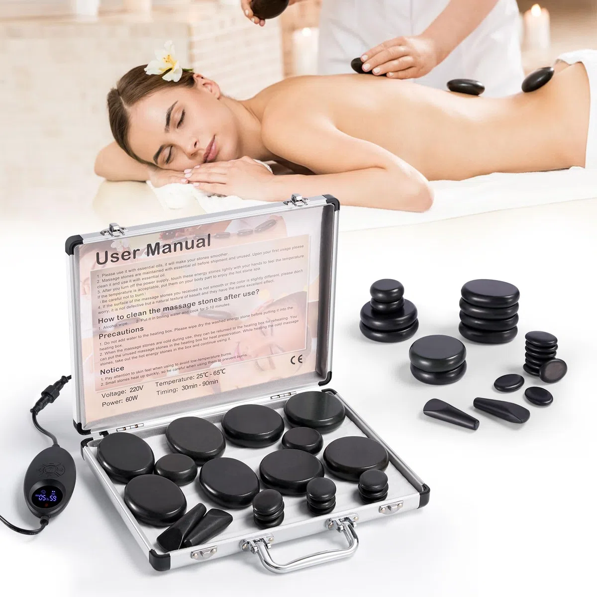 21 Piezas Calentador Piedras Calientes con Control de Temperatura,Kit Piedras Calientes Hot Stones Massager de Basalto para Masaje de Cuerpo Completo Spa Relajación (21 Piezas)