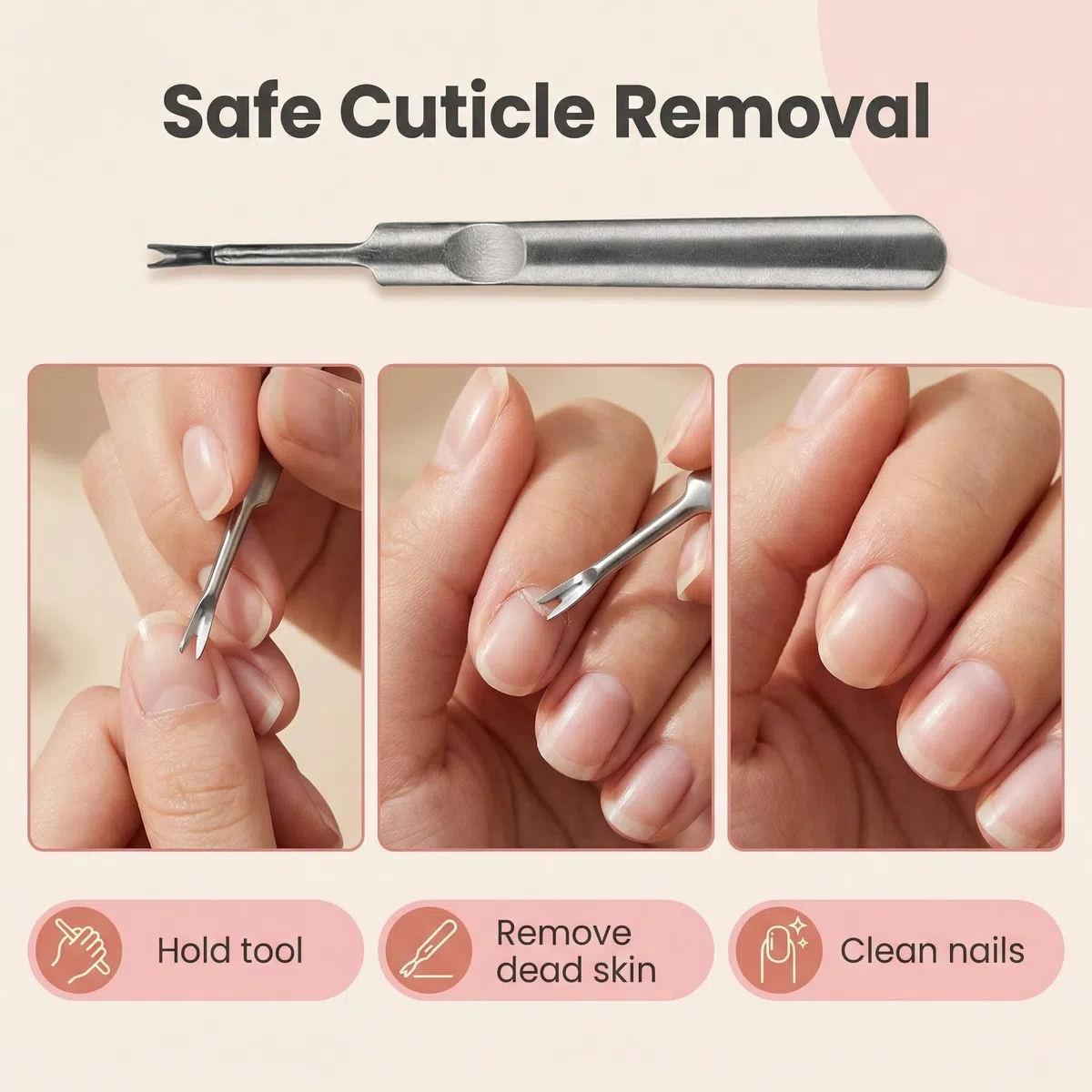 Empujador de cutículas profesional de acero inoxidable. Herramienta de manicura para adultos