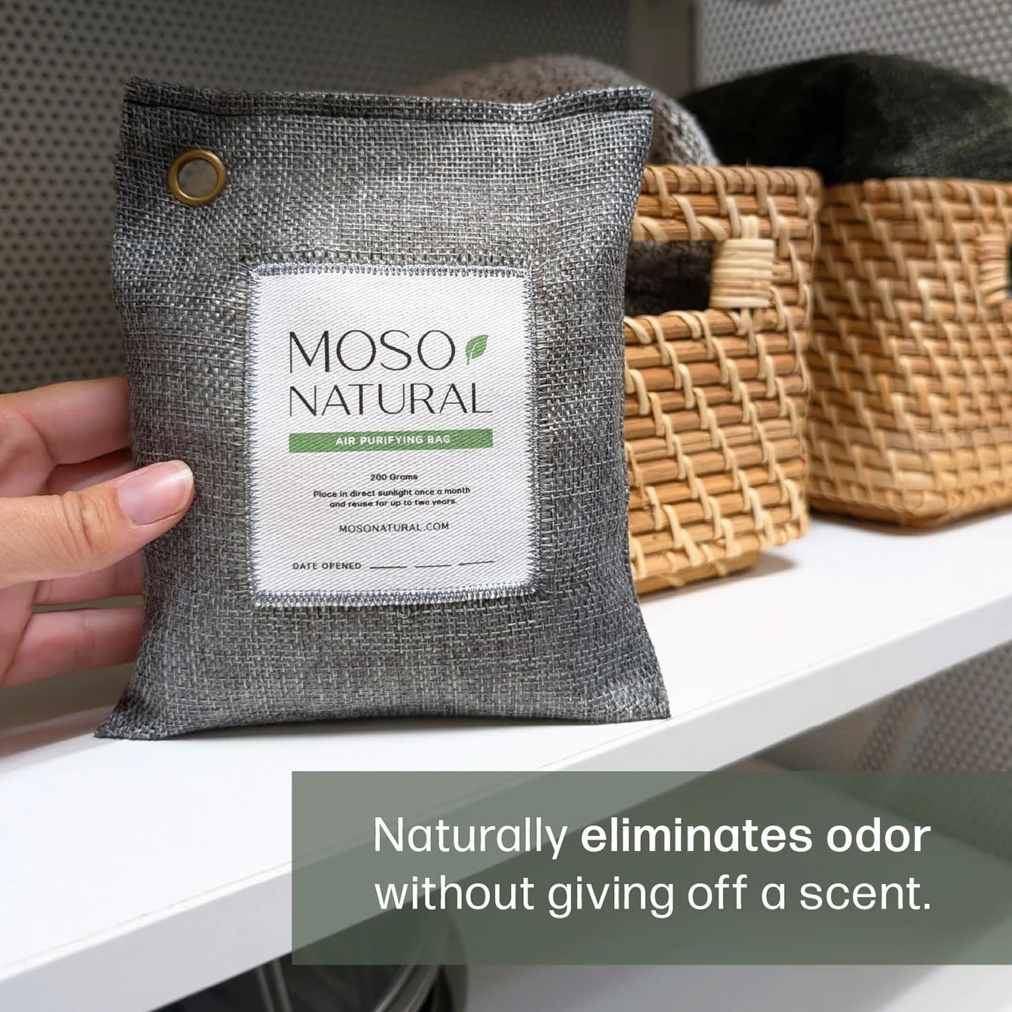 Moso Natural Bolsa purificadora de aire de 200 g (paquete de 3) absorbente de olores de carbón de bambú para el hogar y el automóvil, eliminador de olores de armario, desodorante de habitación pequeña