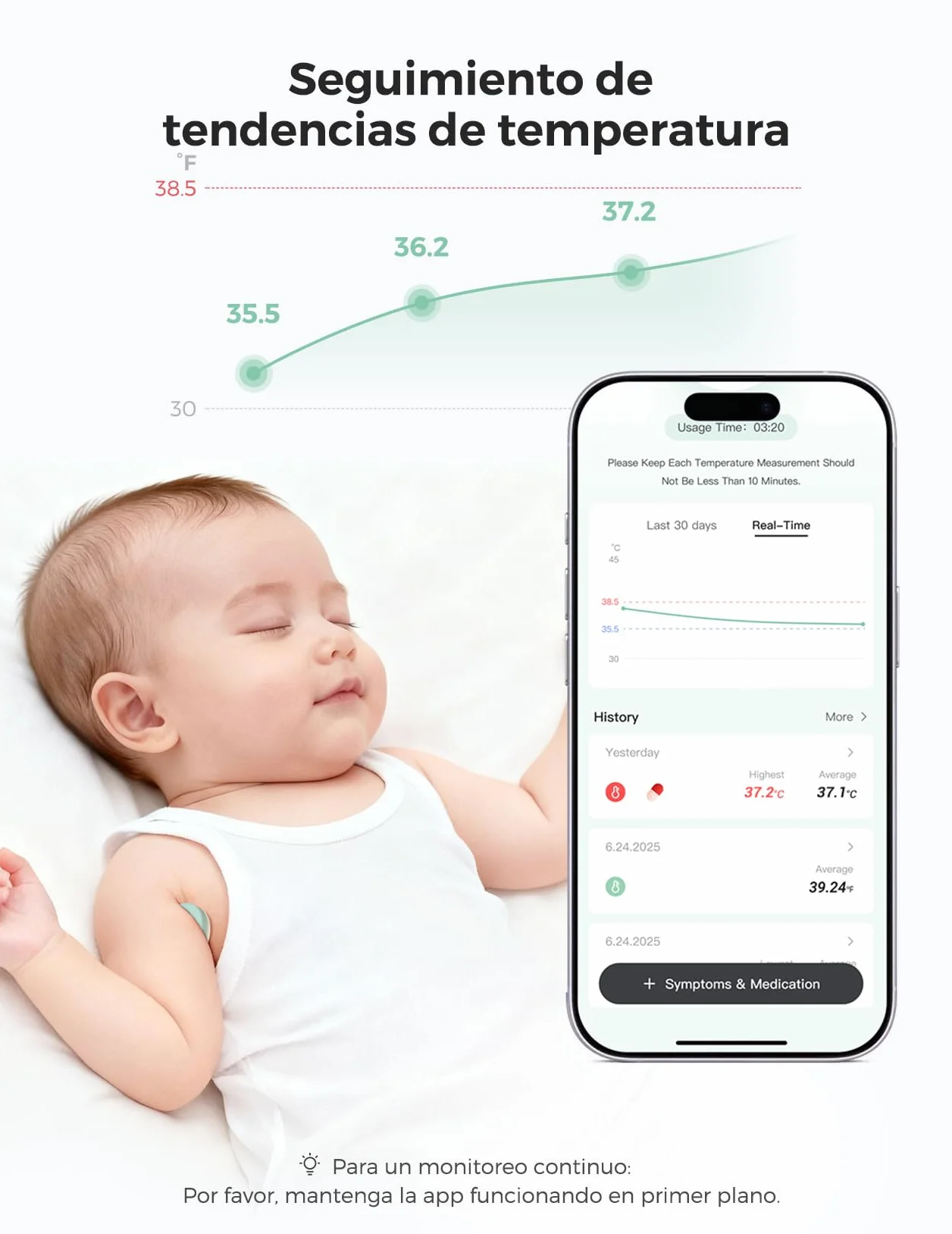 Momcozy Termometro Digital Bebe con Precisión de Grado Médico, Termometro Inteligente Bebe con Lectura Instantánea, Monitoreo en Tiempo Real vía App para Bebés y Niños, Parche Hipoalergénico 3M