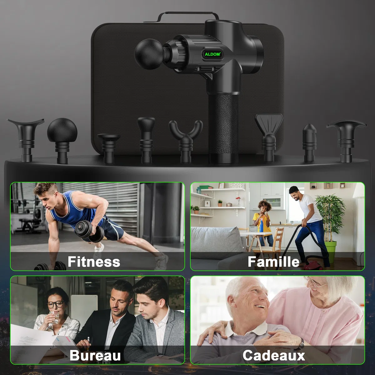 ALDOM Pistola de Masaje Muscular, Massage Gun Masajeadora Músculos Profesional y Carga Tipo C, 30 Niveles Ajustables, Silenciosos, 8 Cabezales Masajeador