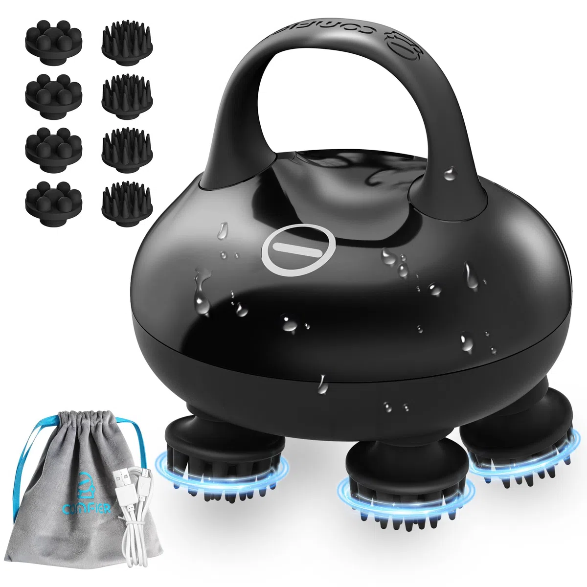 COMFIER Masajeador inalámbrico para el crecimiento del cabello con 3 modos de amasado, masajeador de cabeza impermeable con 8 garras para una limpieza profunda, rascador de cabeza, masajeador corporal