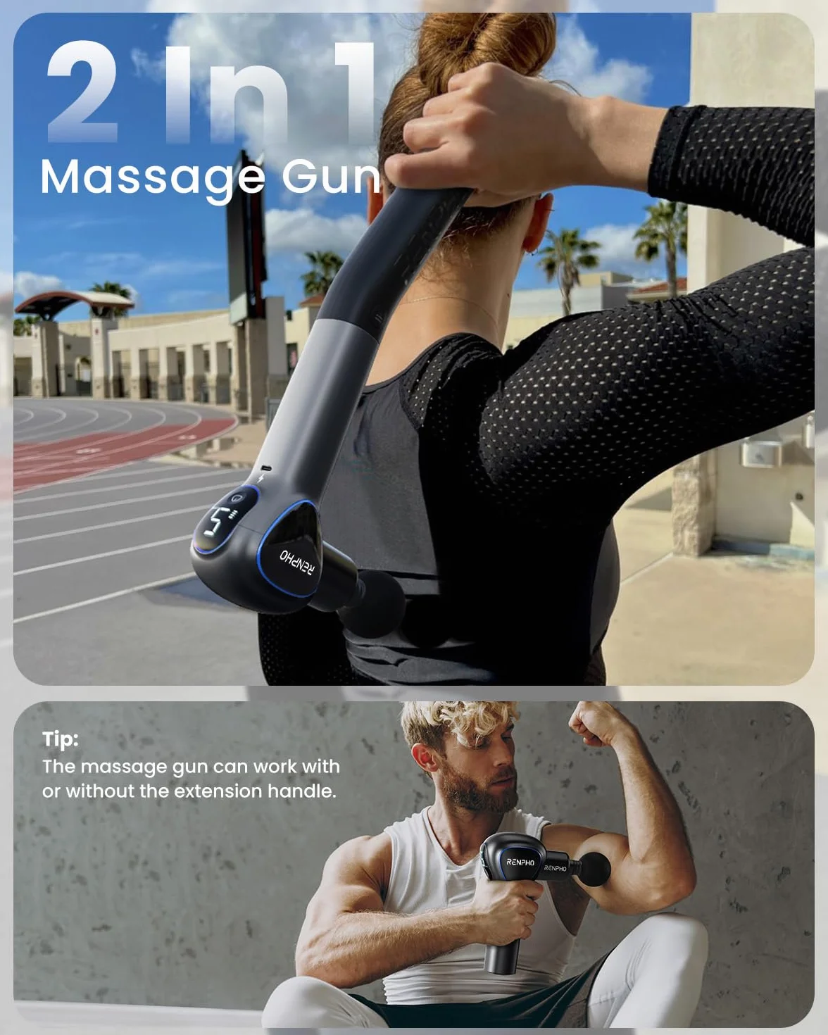 Pistola de Masaje Muscular con Mango Extensible Desmontable, Renpho Reach Pistola Masajeadora, Pistola Masaje Massage Gun Profesional with LED Screen para Muscular Relajación,Negro