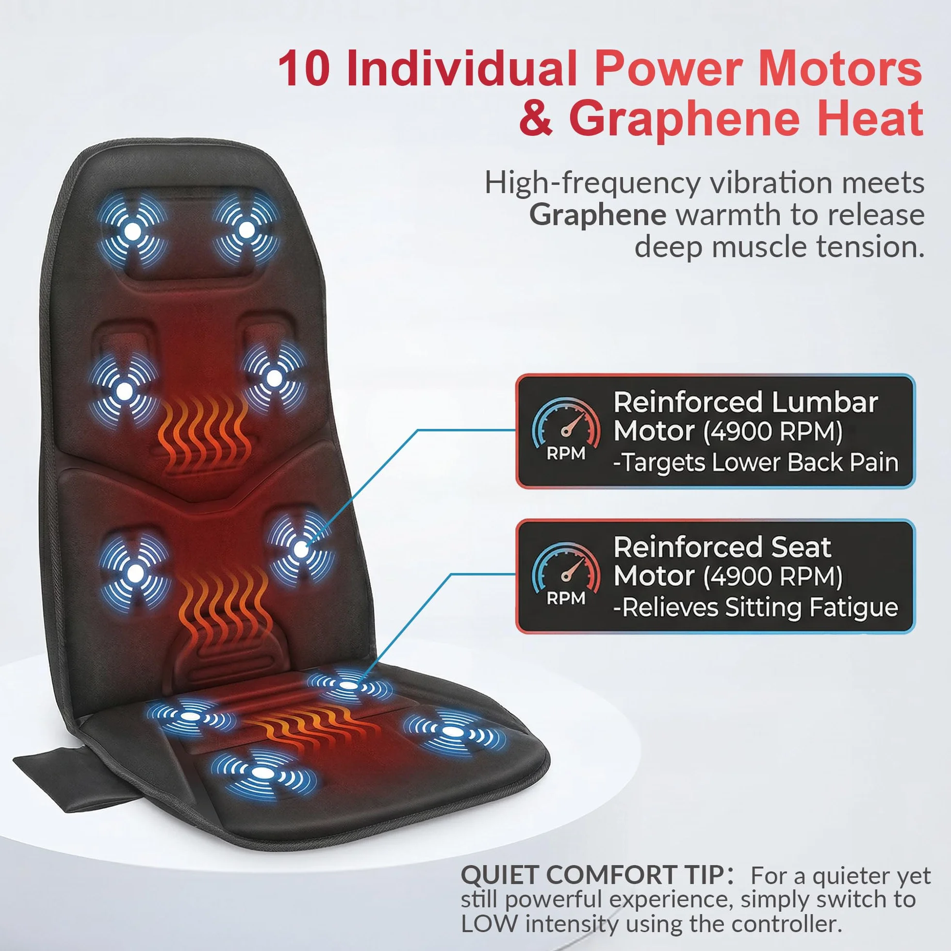 COMFIER Asiento de Masaje Eléctrico 10 Motores Vibrantes Almohadilla Térmica 2 Terapias Apagado Automático