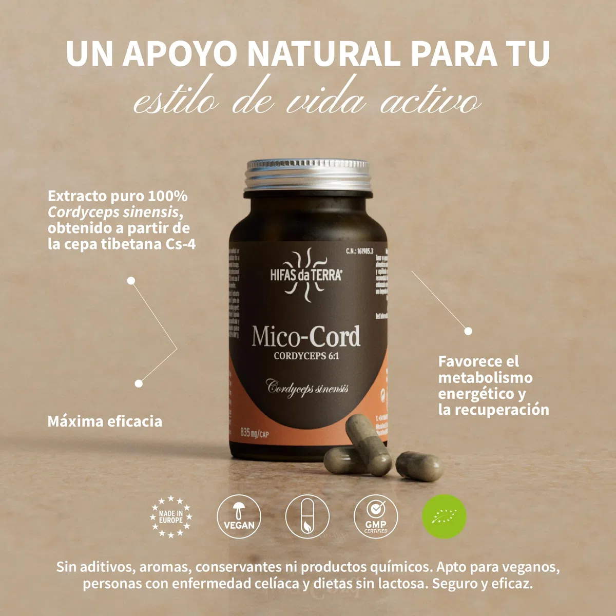 HIFAS DA TERRA - Mico-Cord Extracto Puro de Cordyceps + Vitamina C Natural - Extracto de Hongos - Energía, Vitalidad, Rendimiento Físico y Recuperación Natural - Bote 70 Cápsulas