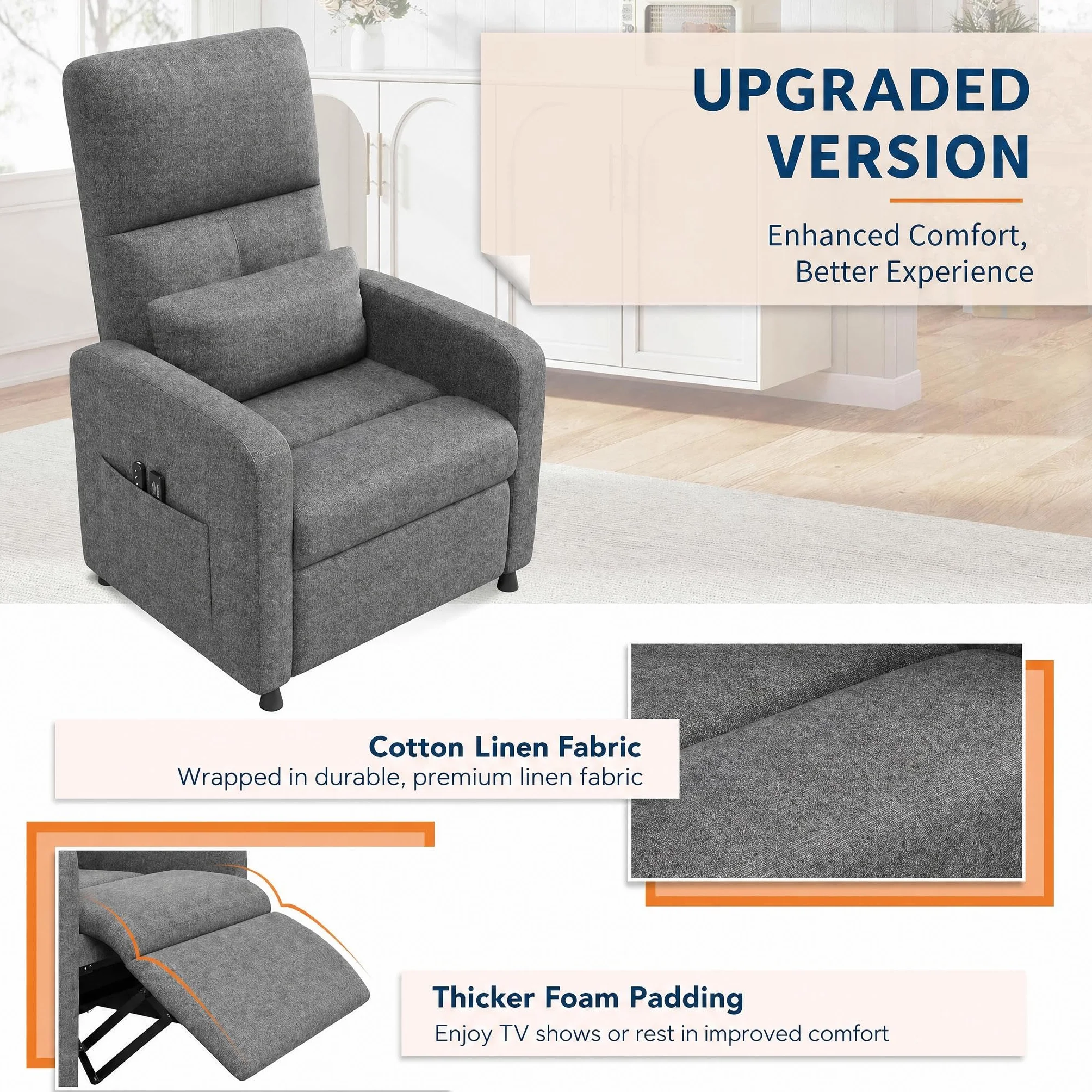 Sillón Reclinable Eléctrico con Masaje y Calor, Ergonómico con USB y Bolsillos