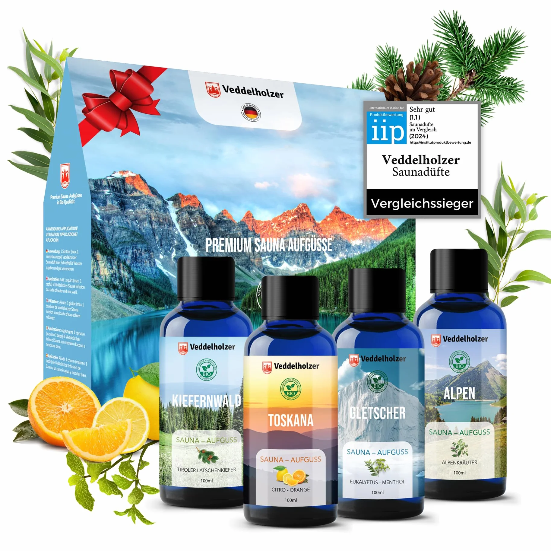 Veddelholzer BIO - Juego de infusión de sauna con aceites esenciales 100 % naturales 4 x 100 ml, diferentes aceites de sauna, aroma de sauna, accesorios de sauna como set de regalo todo en uno