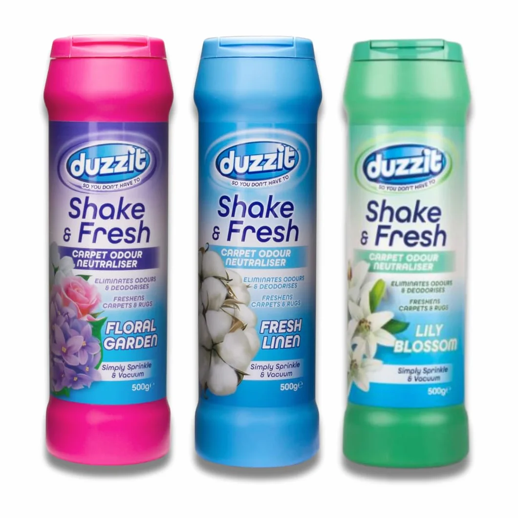 Shake & Fresh - Ambientador y neutralizador de olores para alfombras, juego de 3 aromas surtidos (lino fresco, flor de lirio, jardín floral), 500 g cada uno, desodorante en polvo para alfombras Great
